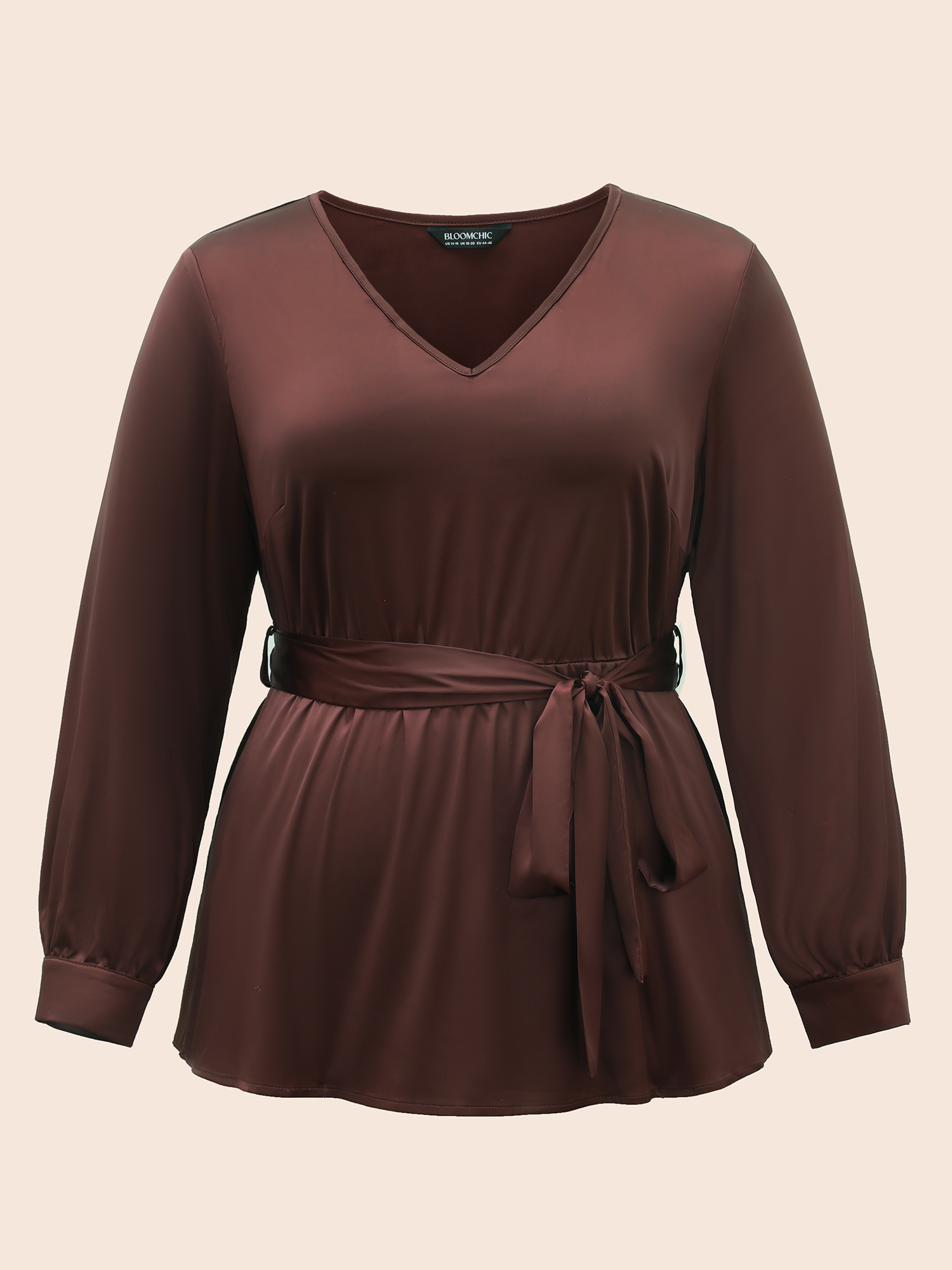 

Plus Size Browncoffeecolor V Neck Tie Knot Gathered Blouse Women Elegant Long Sleeve V-neck Everyday Blouses BloomChic