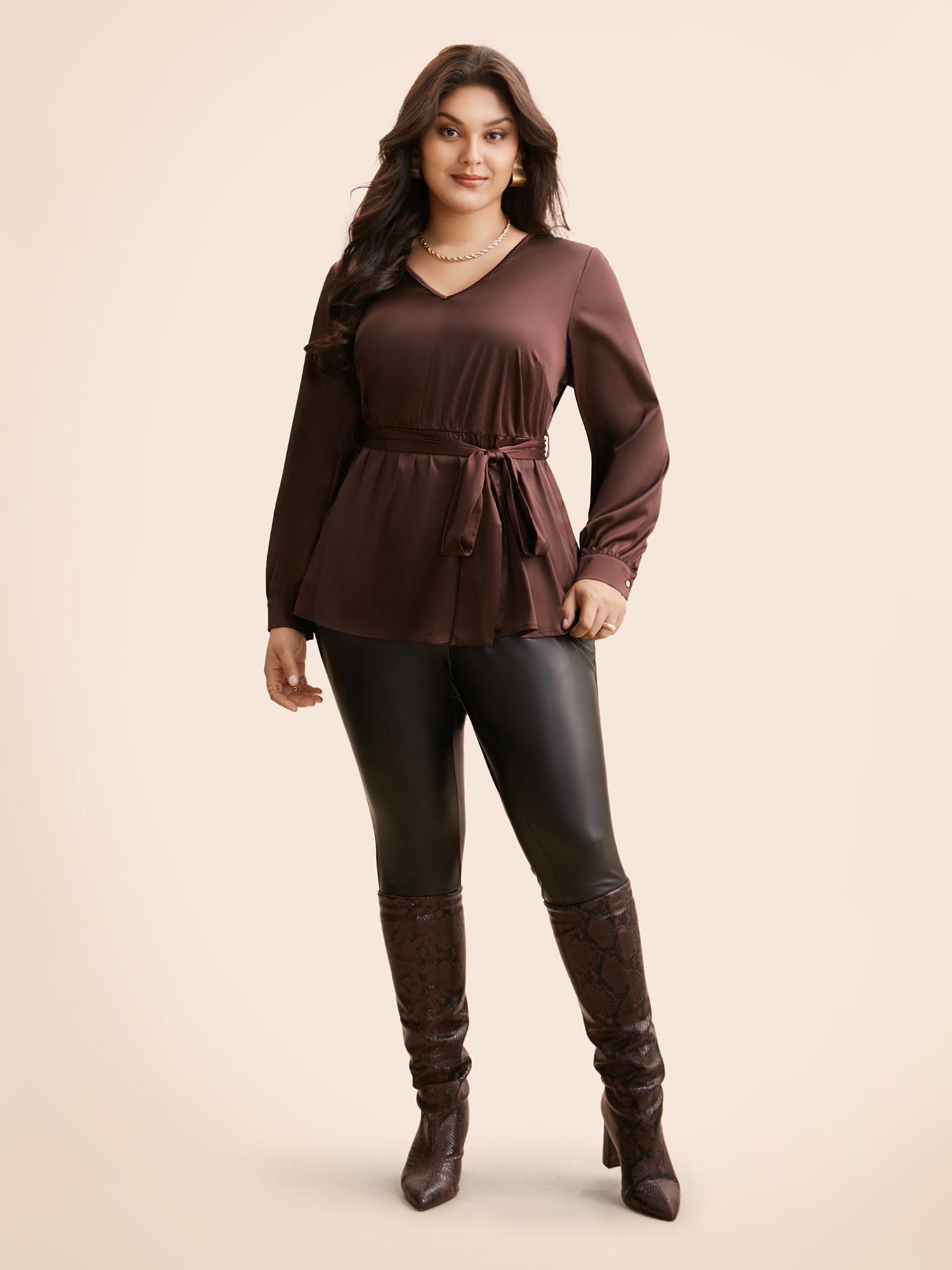 

Plus Size Browncoffeecolor V Neck Tie Knot Gathered Blouse Women Elegant Long Sleeve V-neck Everyday Blouses BloomChic