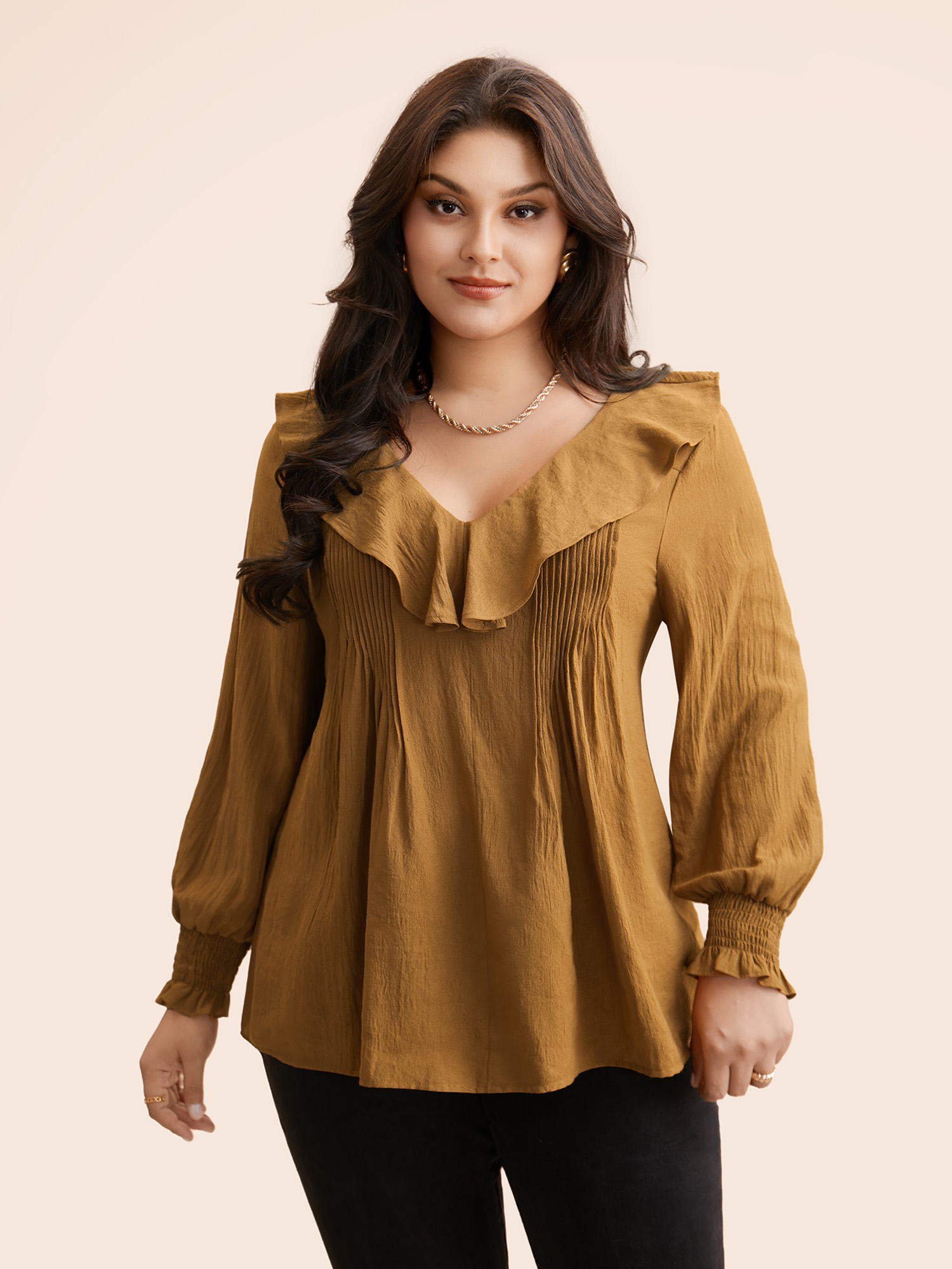 

Plus Size Yellowishbrown Solid Texture Pleated Ruffle Trim Blouse Women Elegant Long Sleeve Deep V-neck Everyday Blouses BloomChic