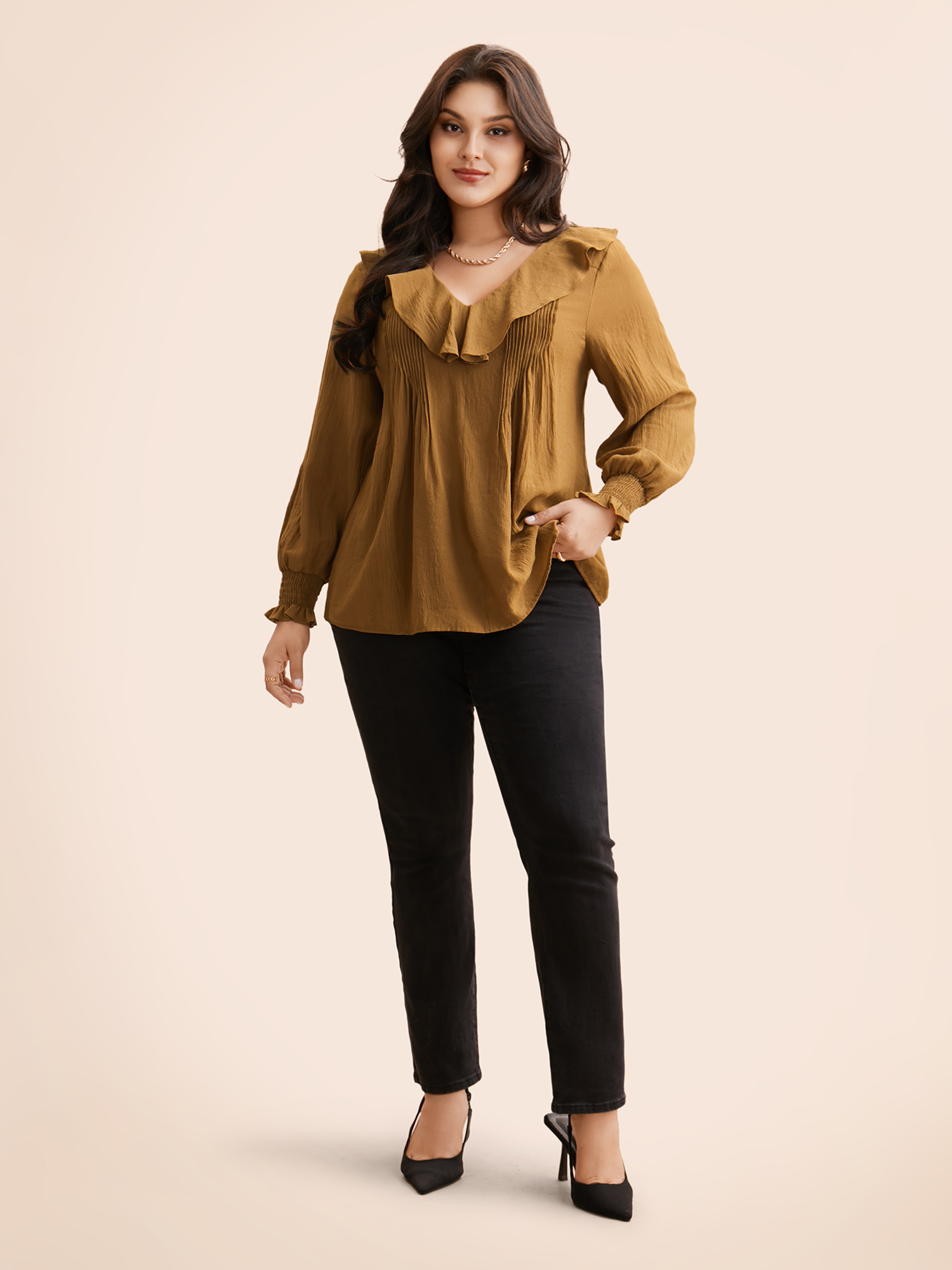 

Plus Size Yellowishbrown Solid Texture Pleated Ruffle Trim Blouse Women Elegant Long Sleeve Deep V-neck Everyday Blouses BloomChic