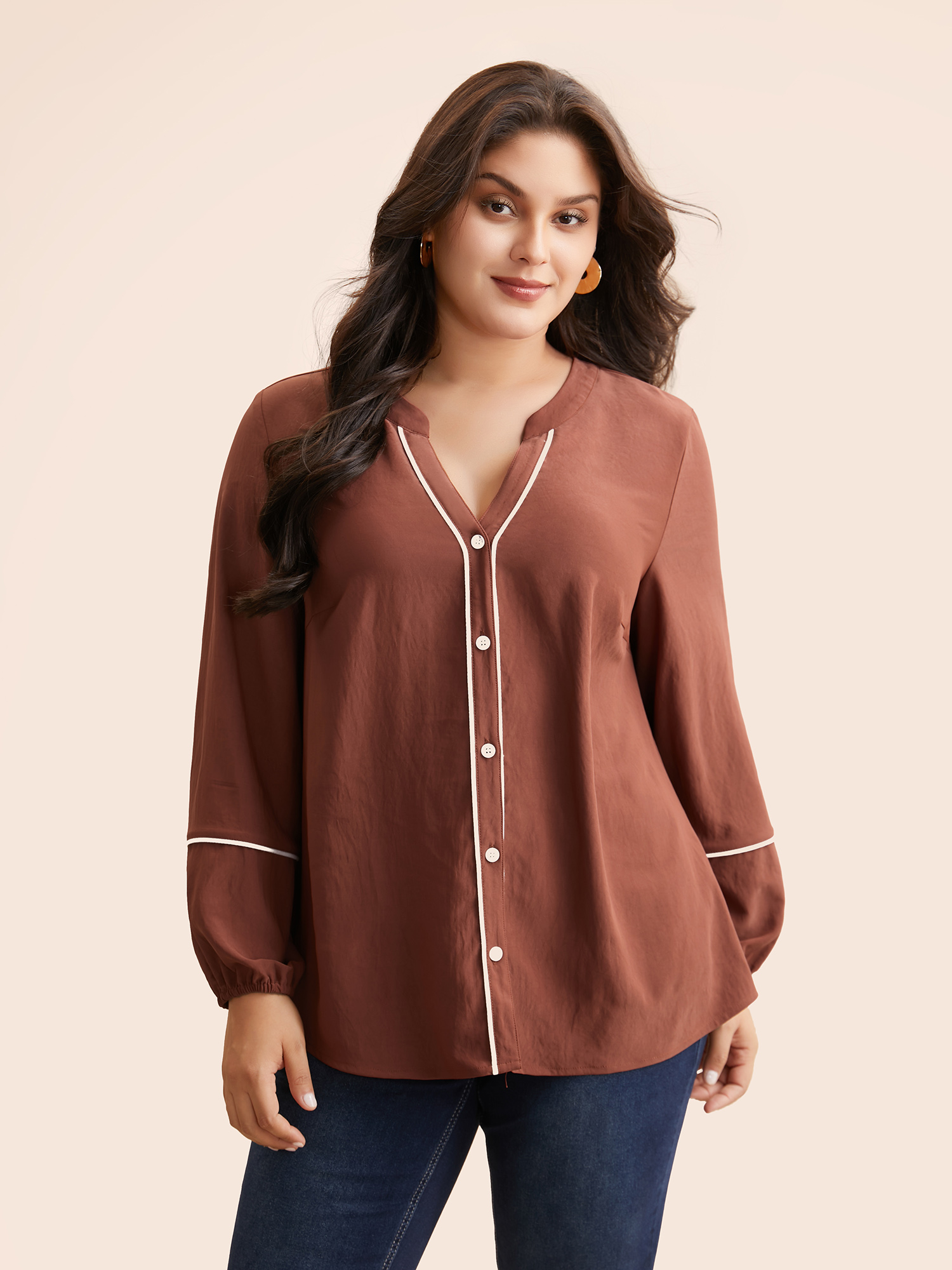 

Plus Size Notched Lantern Sleeve Contrast Trim Shirt Browncoffeecolor Long Sleeve V-neck Elegant Shirts