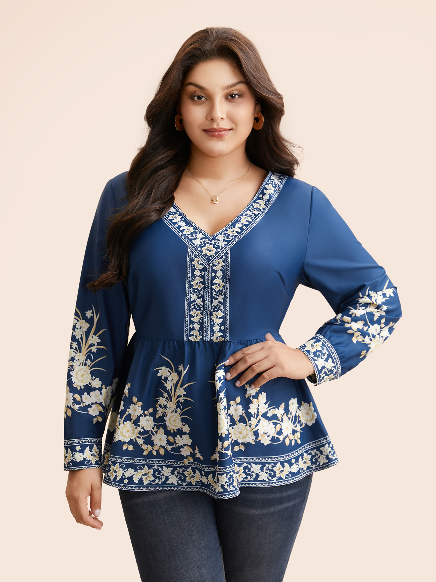 

Plus Size Indigo Boho Print Elastic Waist Gathered Blouse Women Elegant Long Sleeve V-neck Everyday Blouses BloomChic