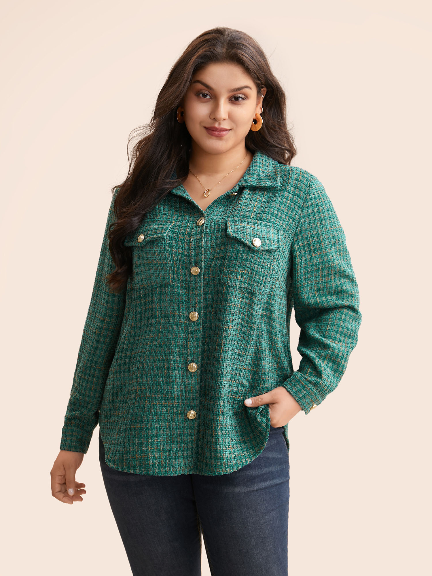 

Plus Size Tweed Patch Pocket Pleated Jacket Women Teal Texture Loose Patch pocket Everyday Jackets BloomChic