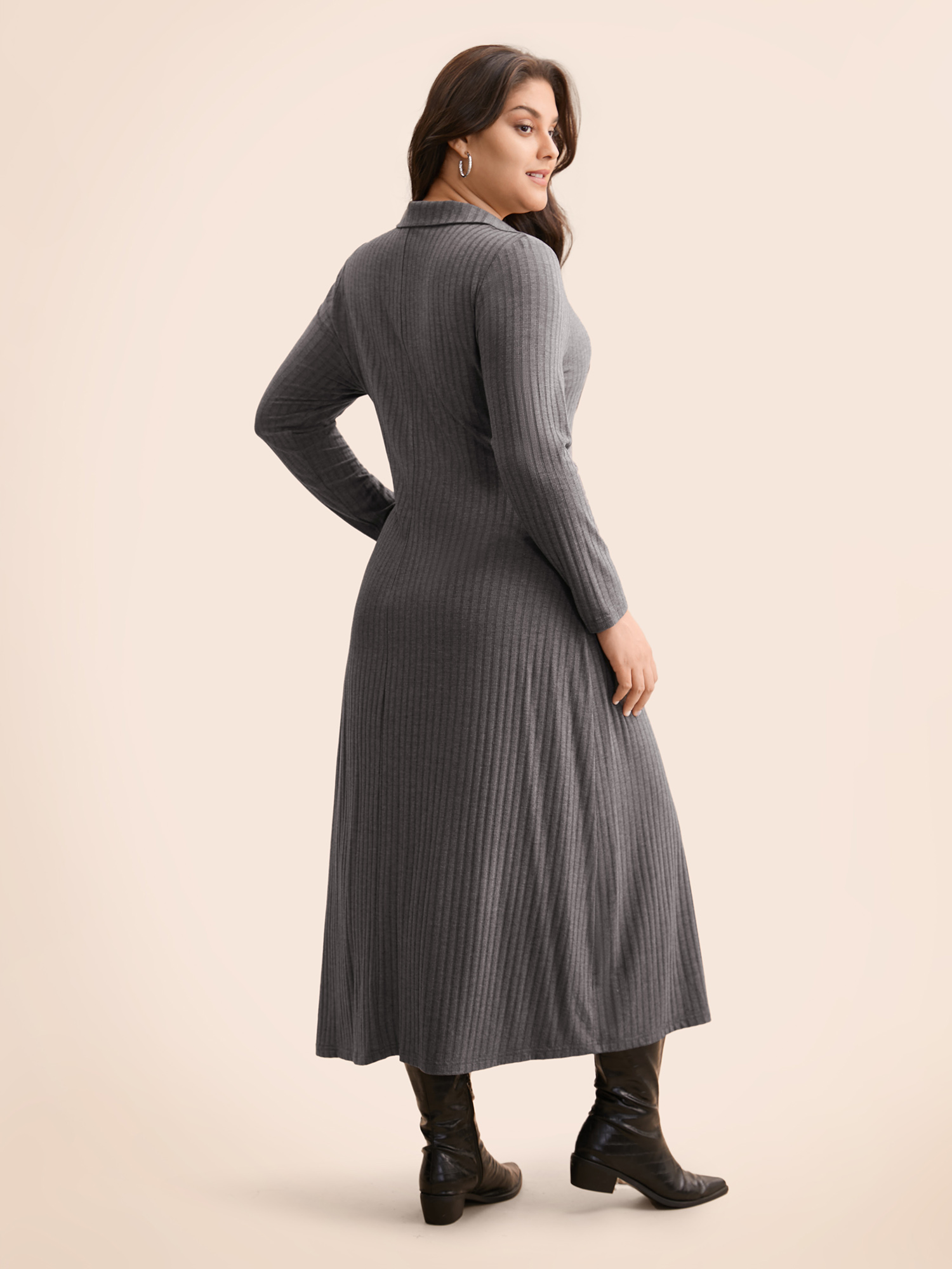 

Plus Size Solid Rib Knit Midi Dress DimGray Women Casual Texture Shirt collar Long Sleeve Curvy BloomChic