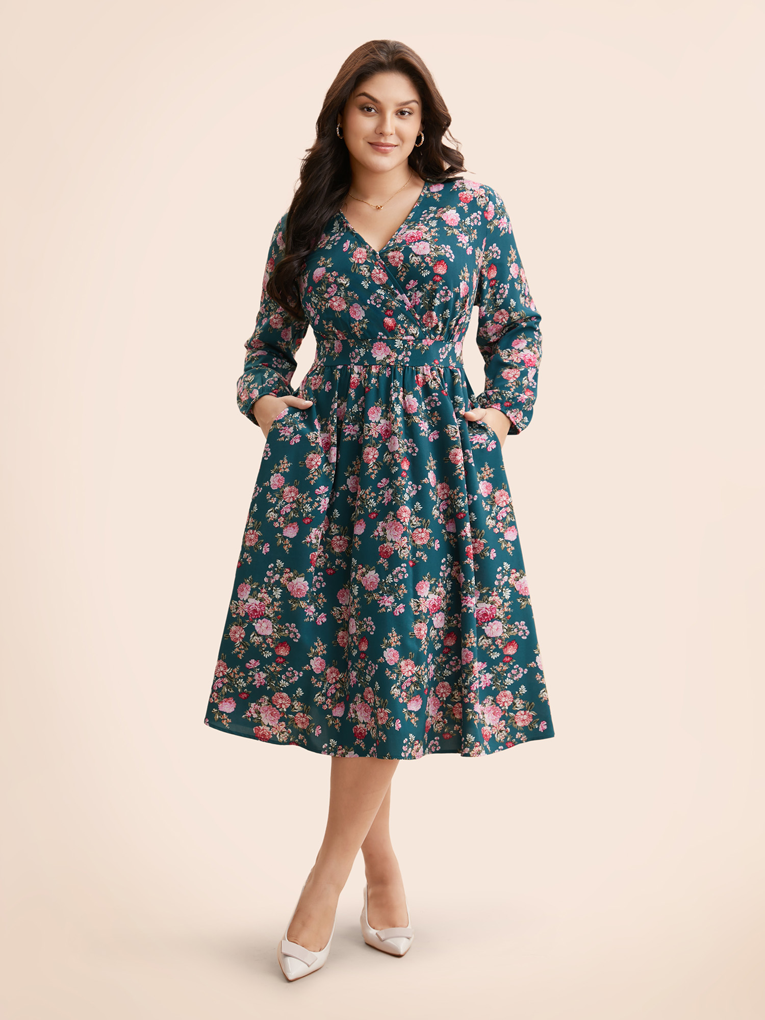 

Plus Size Floral Overlap Collar Gathered Dress Aegean Women Elegant Shirred Overlap Collar Long Sleeve Curvy BloomChic