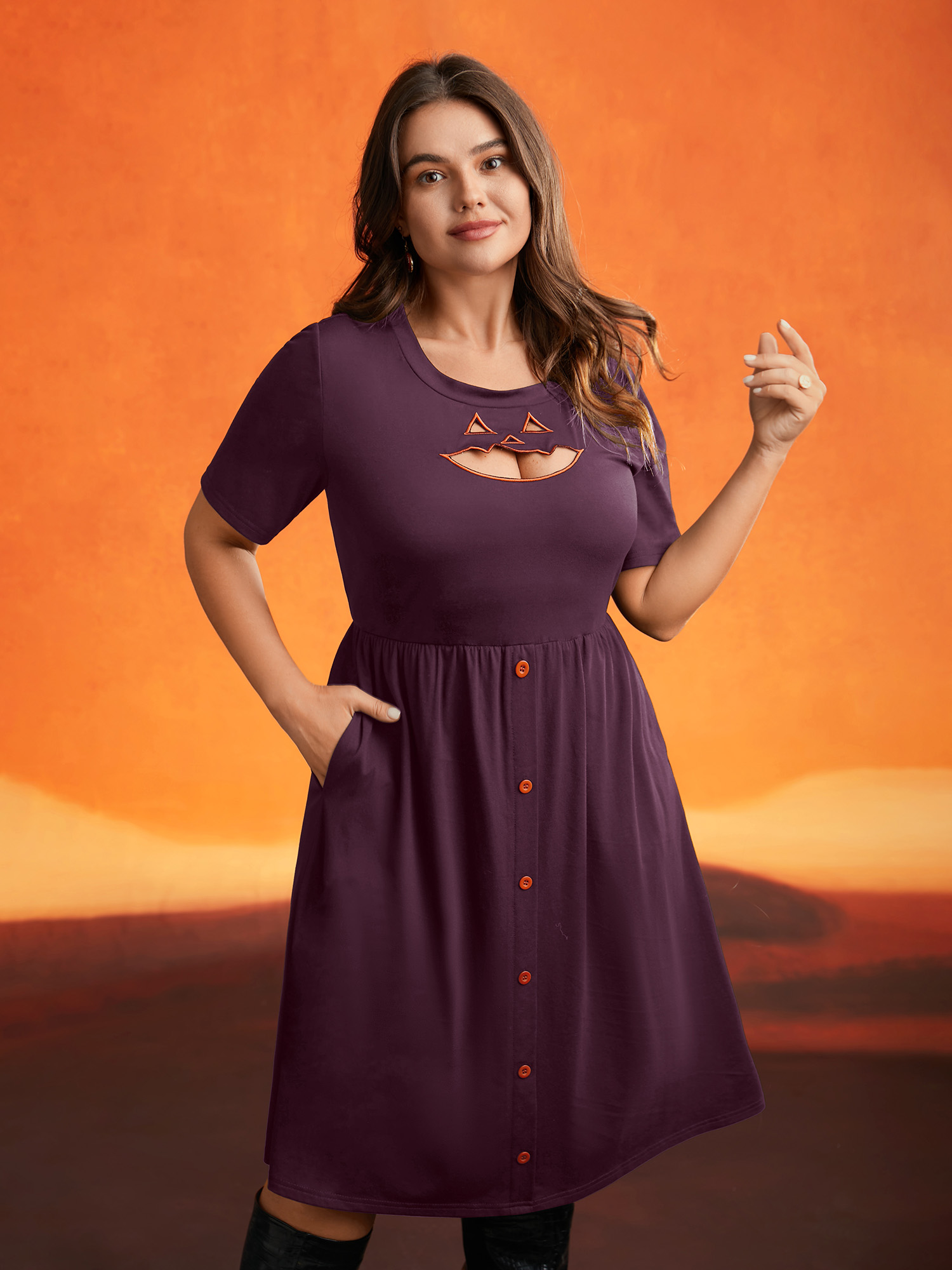 

Plus Size Stretch Fabric Pumpkin Cut Out Midi Dress Deeppurplered Women Cocktail Button Party Curvy Bloomchic