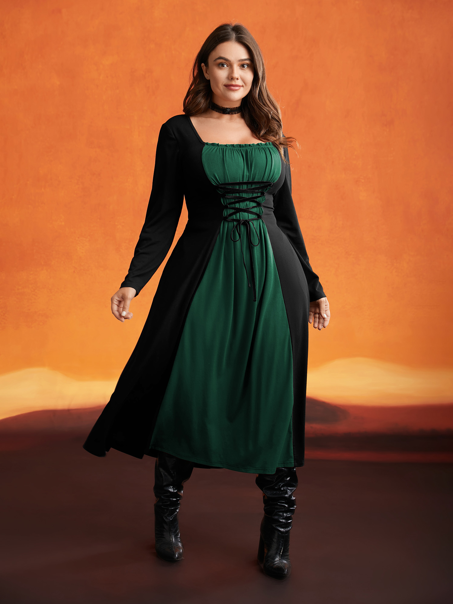 

Plus Size Stretchy Knit Adjustable Tie Frill Trim Midi Dress DarkGreen Women Cocktail Wraparound straps Party Curvy Bloomchic