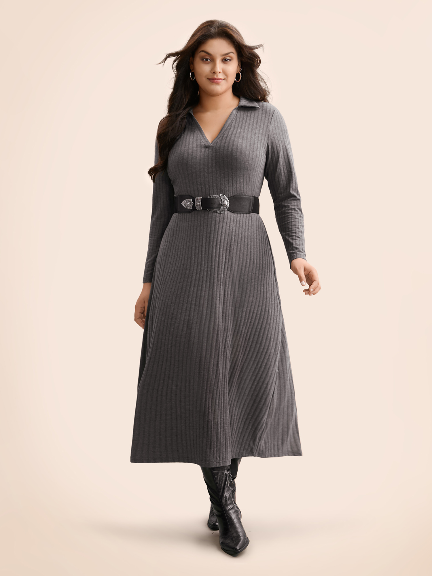 

Plus Size Solid Rib Knit Midi Dress DimGray Women Casual Texture Shirt collar Long Sleeve Curvy BloomChic