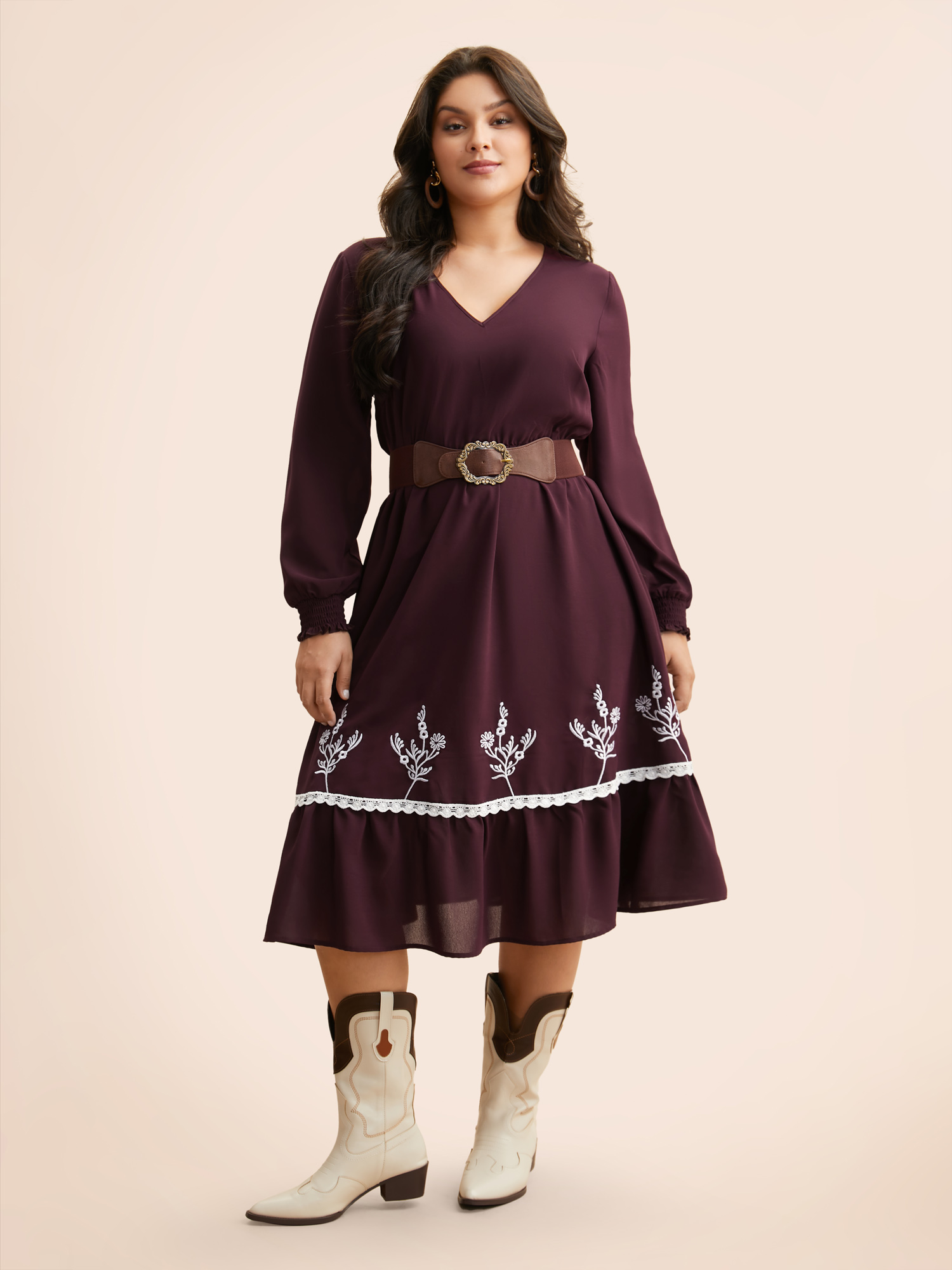 

Plus Size Floral Embroidered Crochet Lace Midi Dress Eggplant Women Resort Woven ribbon&lace trim V-neck Long Sleeve Curvy BloomChic