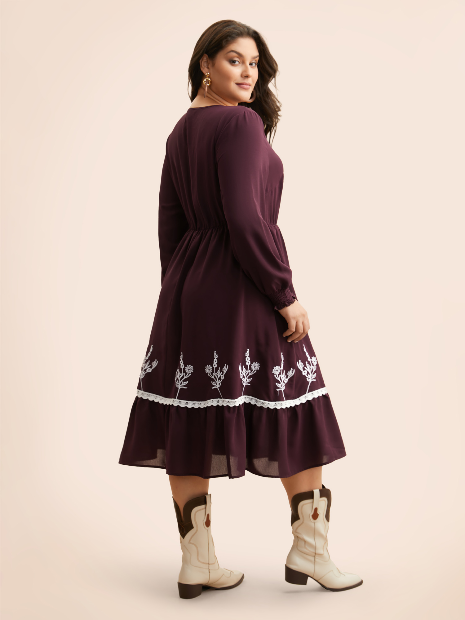 Plus Size Floral Embroidered Crochet Lace Midi Dress Eggplant Women Resort Woven ribbon&lace trim V-neck Long Sleeve Curvy BloomChic 12/L 