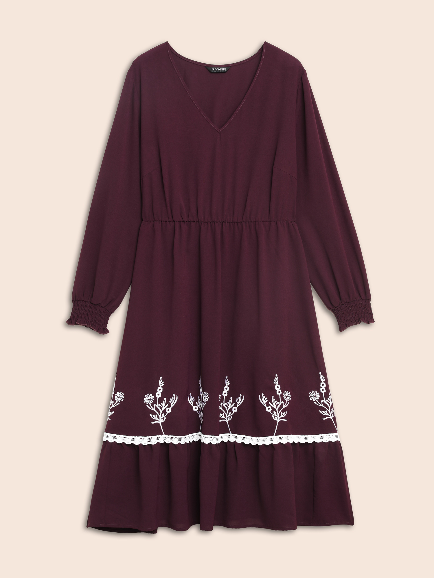 Plus Size Floral Embroidered Crochet Lace Midi Dress Eggplant Women Resort Woven ribbon&lace trim V-neck Long Sleeve Curvy BloomChic 12/L 