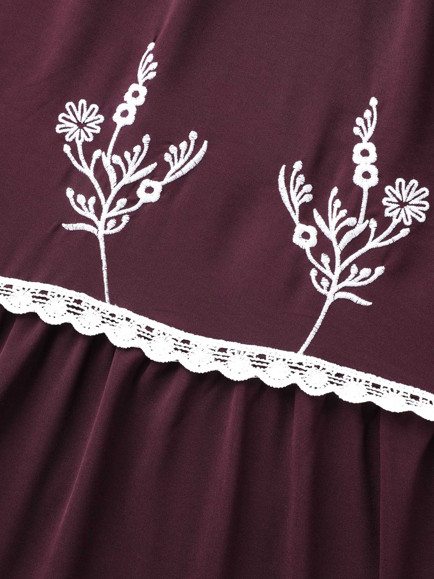Plus Size Floral Embroidered Crochet Lace Midi Dress Eggplant Women Resort Woven ribbon&lace trim V-neck Long Sleeve Curvy BloomChic 12/L 