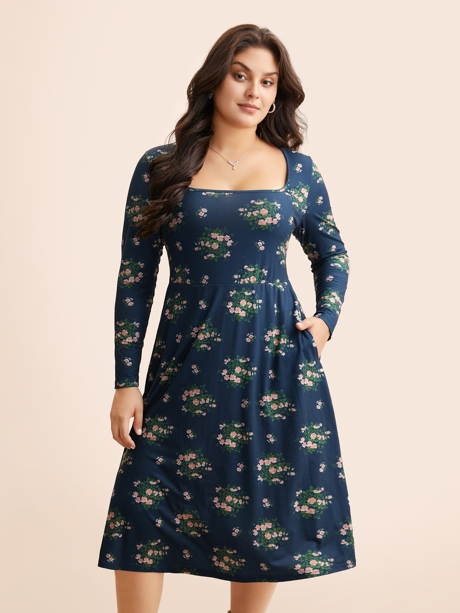 

Plus Size Square Neck Floral Cut Out Dress Navy Women Elegant Cut-Out Square Neck Long Sleeve Curvy BloomChic