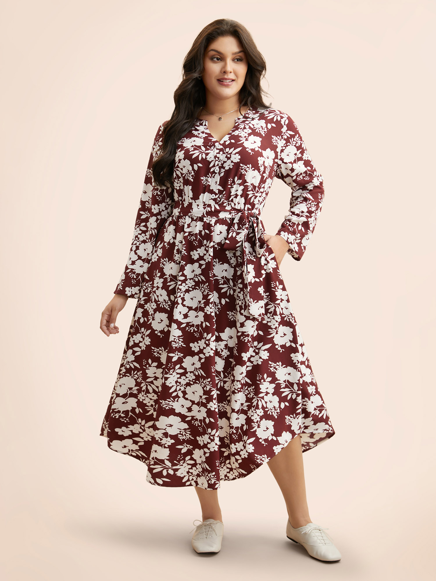 

Plus Size Silhouette Floral Print Tab Sleeve Dress Burgundy Women At the Office Belted Flat collar with V-notch Long Sleeve Curvy BloomChic