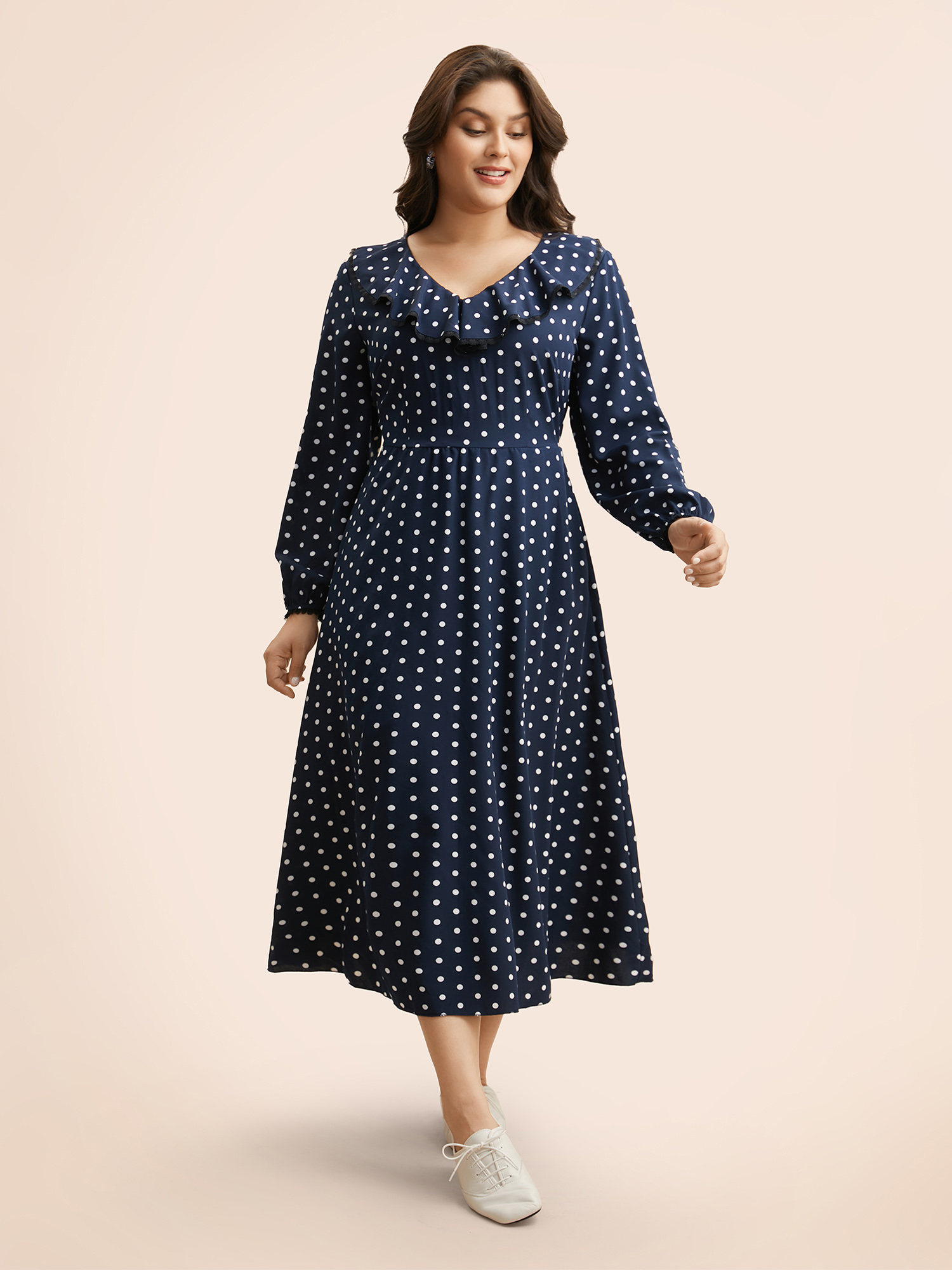 

Plus Size Polka Dot Ruffle Trim Midi Dress DarkBlue Women Elegant Ruffles V-neck Long Sleeve Curvy BloomChic