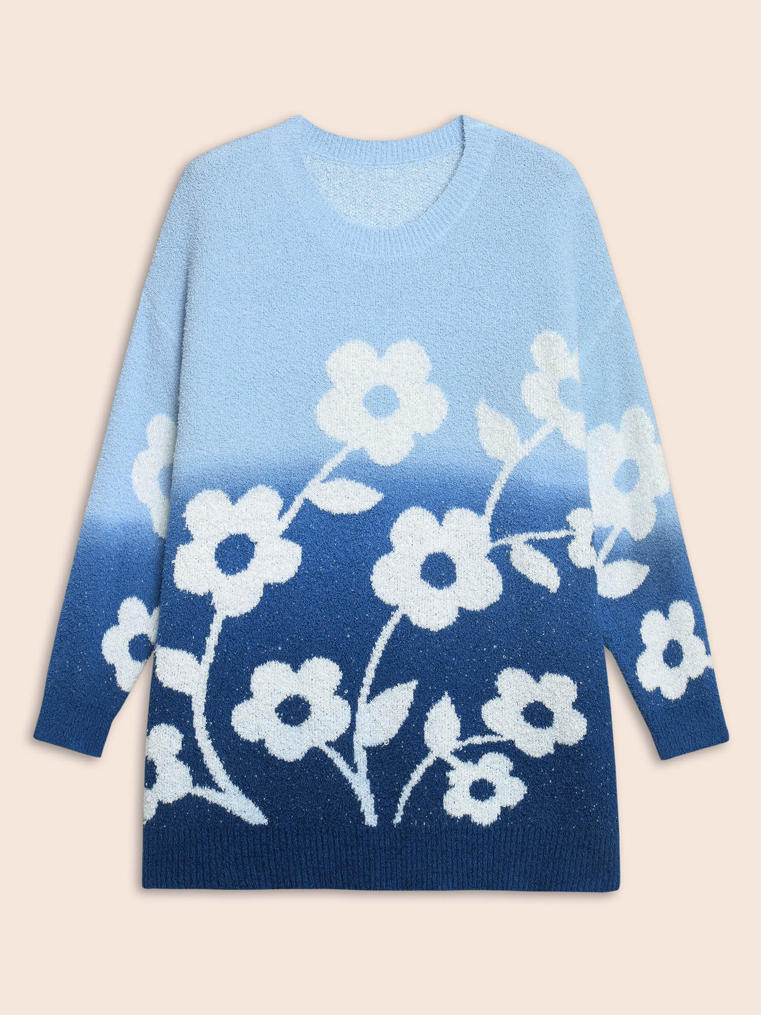 

Plus Size Floral Jacquard Ombre Drop Shoulder Pullover Indigo Women Casual Long Sleeve Round Neck Everyday Pullovers BloomChic