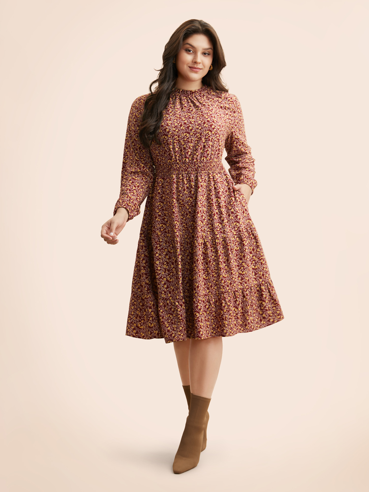 

Plus Size Ditsy Floral Shirred Frill Trim Dress Burgundy Women Elegant Frill Trim Mock Neck Long Sleeve Curvy BloomChic