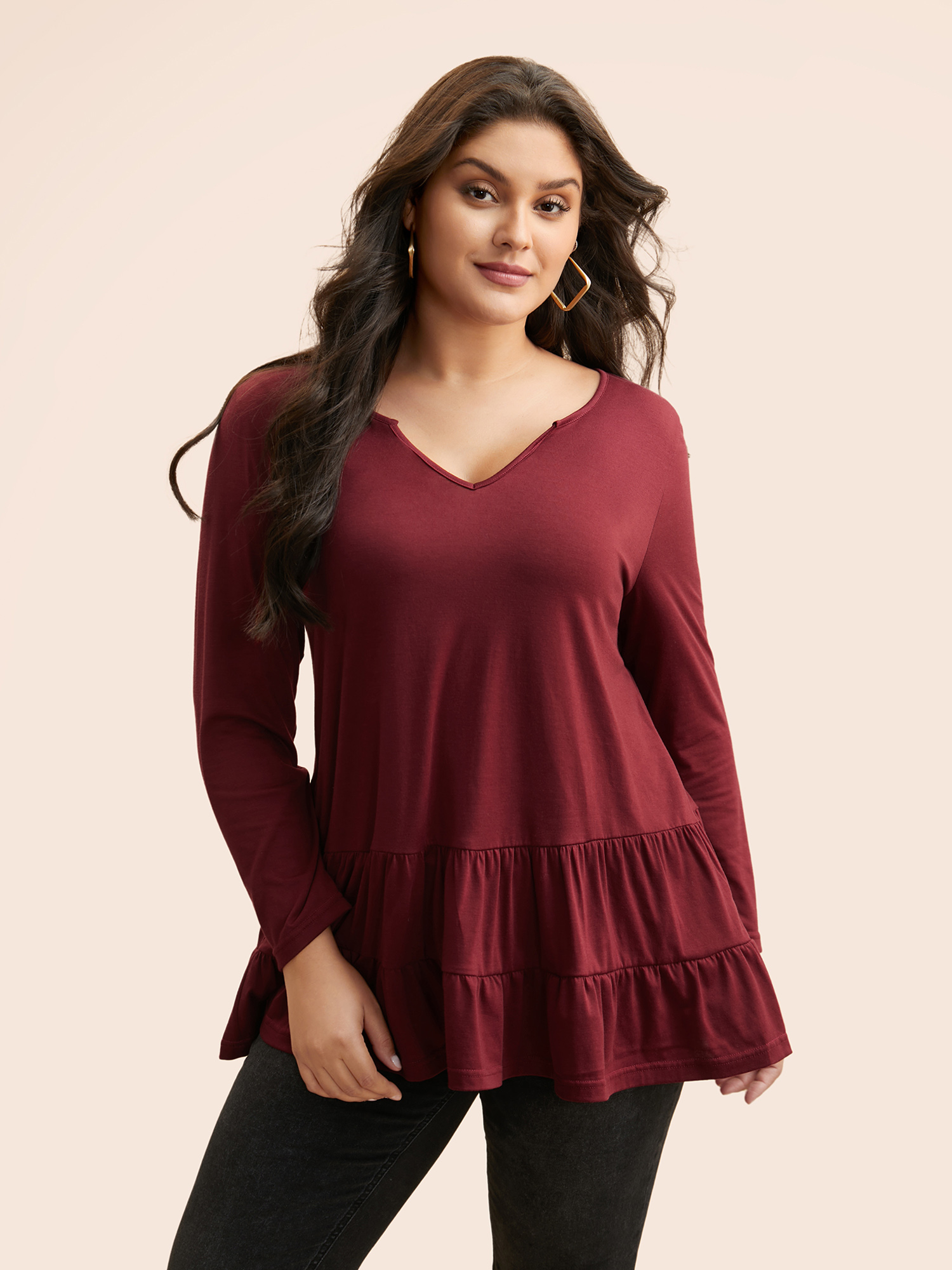 

Plus Size Notched Ruffle Layered Hem T-shirt Scarlet Notched collar Long Sleeve Casual Jersey Tops