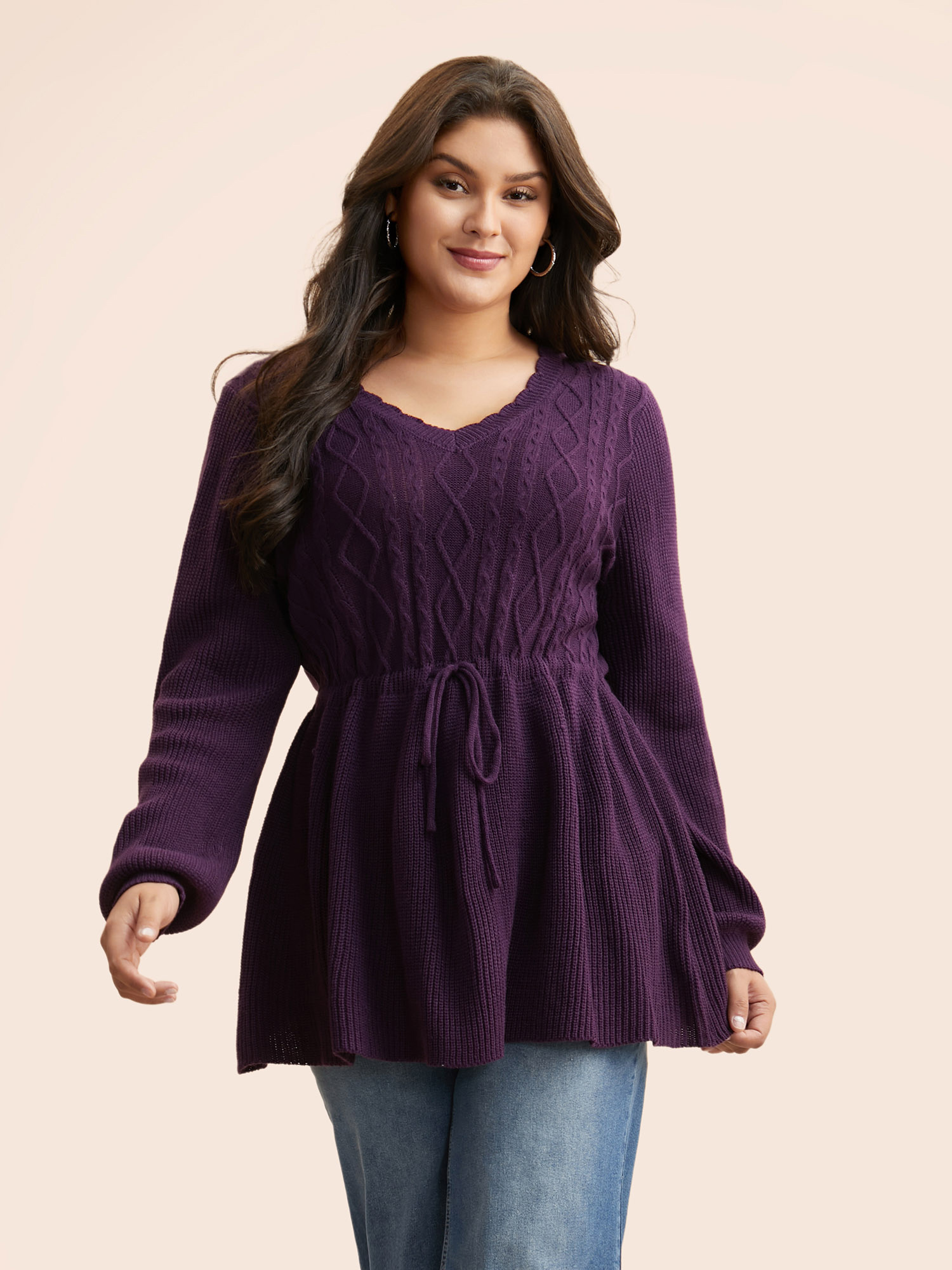 

Plus Size V Neck Cable Knit Drawstring Pullover Eggplant Women Casual Long Sleeve V-neck Everyday Pullovers BloomChic