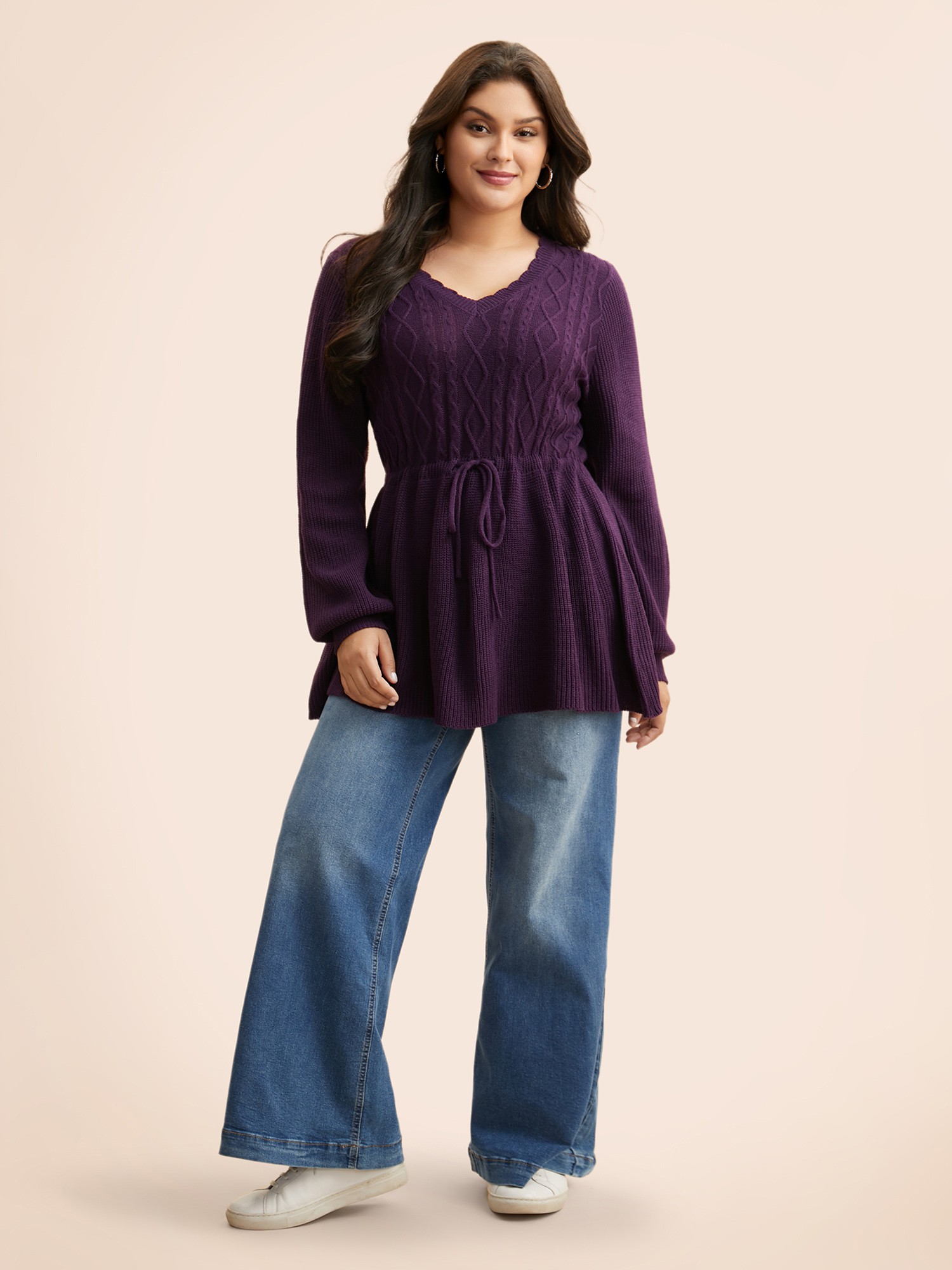 

Plus Size V Neck Cable Knit Drawstring Pullover Eggplant Women Casual Long Sleeve V-neck Everyday Pullovers BloomChic