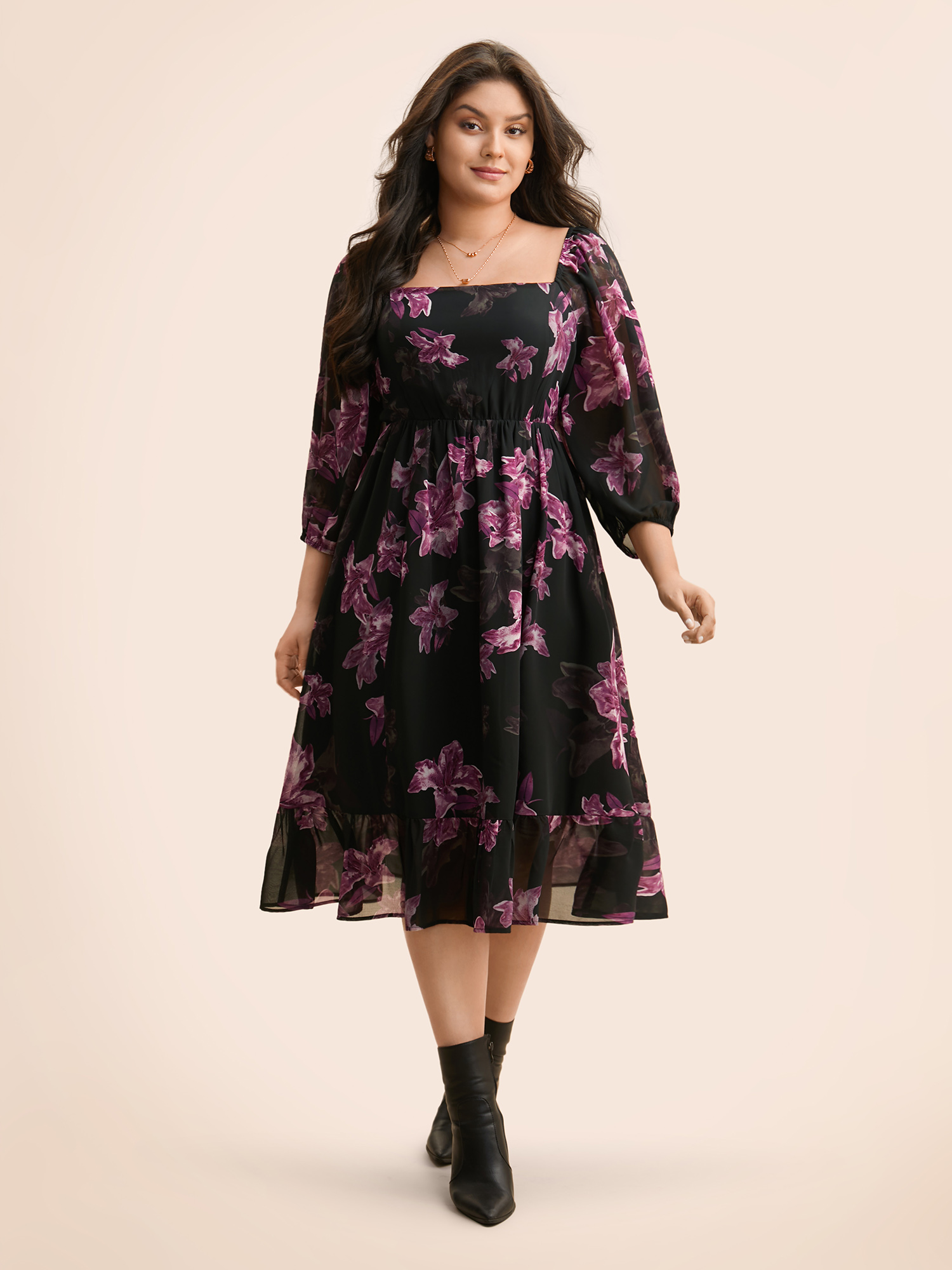 

Plus Size Floral Patchwork Ruffle Hem Mesh Dress BlackFlower Women Elegant See through Square Neck Elbow-length sleeve Curvy BloomChic