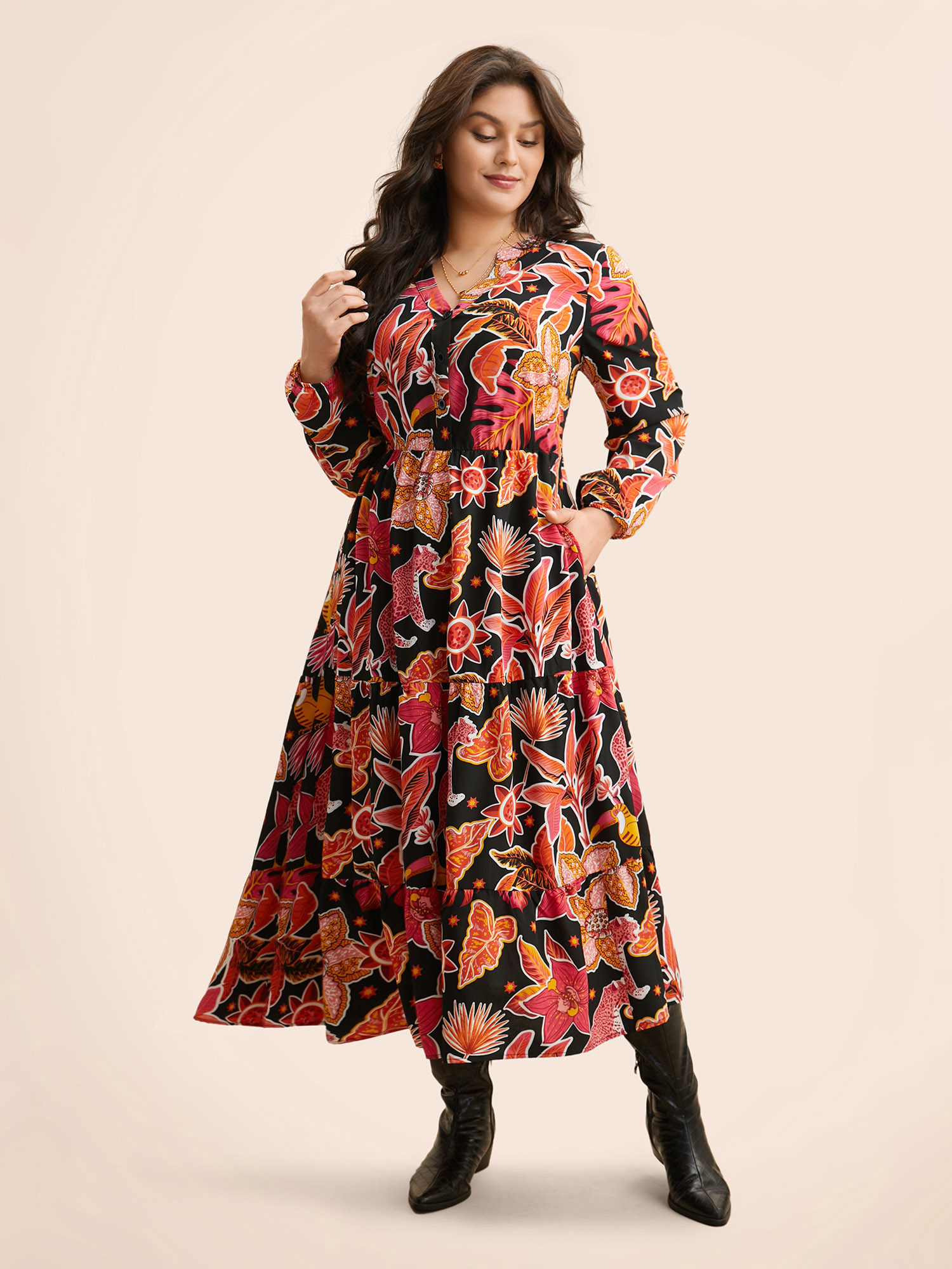 

Plus Size Notched Floral Elastic Waist Maxi Dress Black Women Elegant Button Flat collar with V-notch Long Sleeve Curvy BloomChic