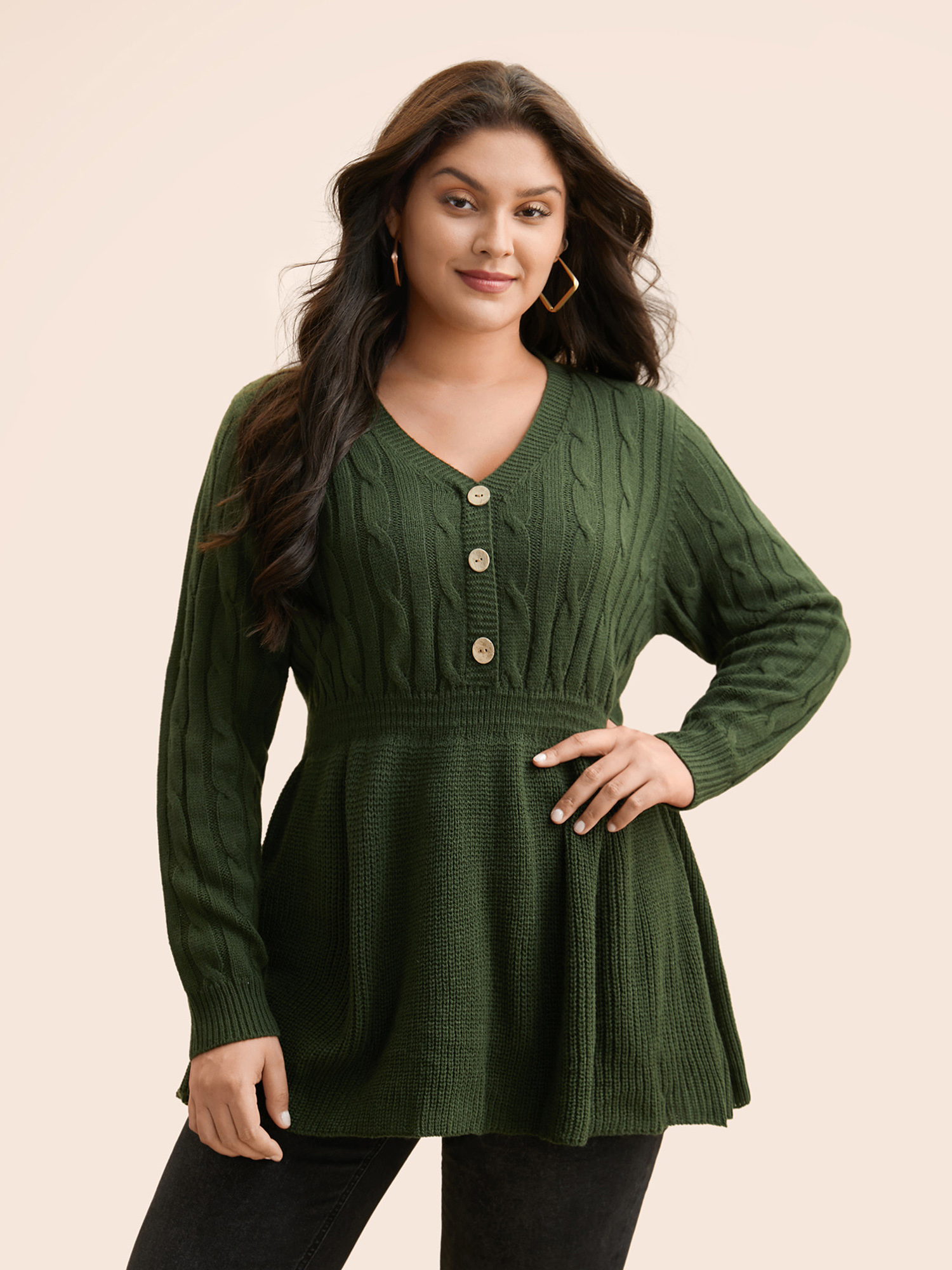 

Plus Size Texture Cable Knit Button Detail Pullover ArmyGreen Women Casual Long Sleeve V-neck Everyday Pullovers BloomChic