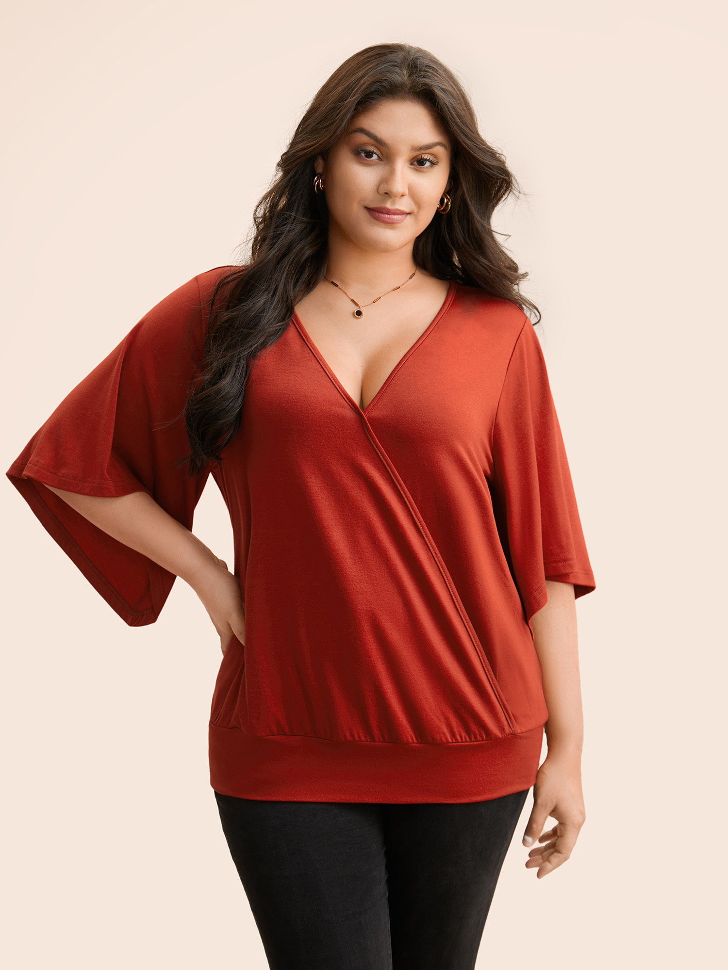 

Plus Size Solid Wrap Flutter Sleeve T-shirt Rust Women Elegant Overlapping V-neck Loose Everyday T-shirts BloomChic