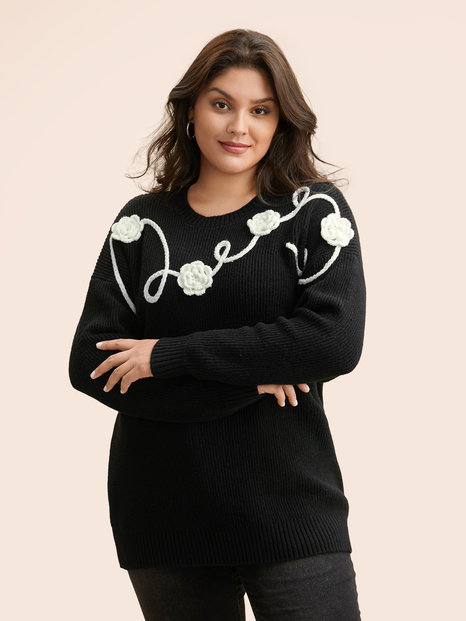 

Plus Size Supersoft Essentials Crochet Floral Drop Shoulder Pullover Black Women Casual Loose Long Sleeve Round Neck Everyday Pullovers BloomChic