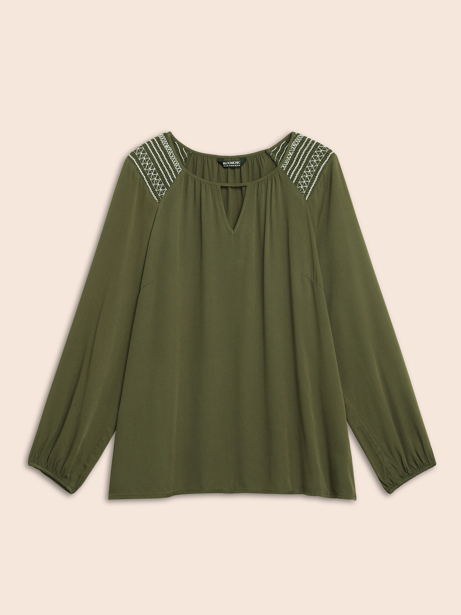 

Plus Size ArmyGreen Keyhole Shirred Gathered Lantern Sleeve Blouse Women Elegant Long Sleeve Round Neck Everyday Blouses BloomChic