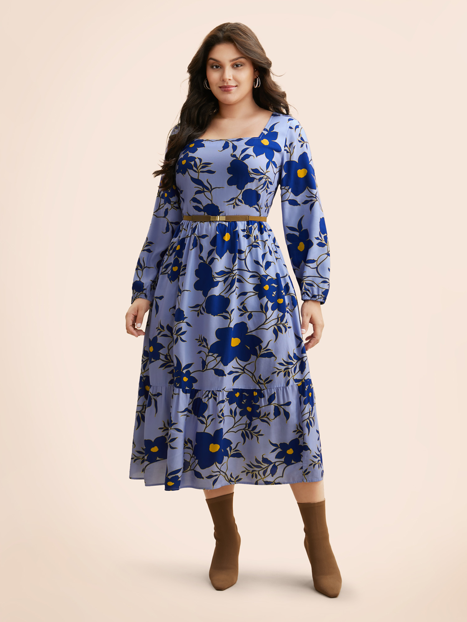 

Plus Size Square Neck Floral Patchwork Ruffle Hem Dress Skyblue Women Elegant Non Square Neck Long Sleeve Curvy BloomChic