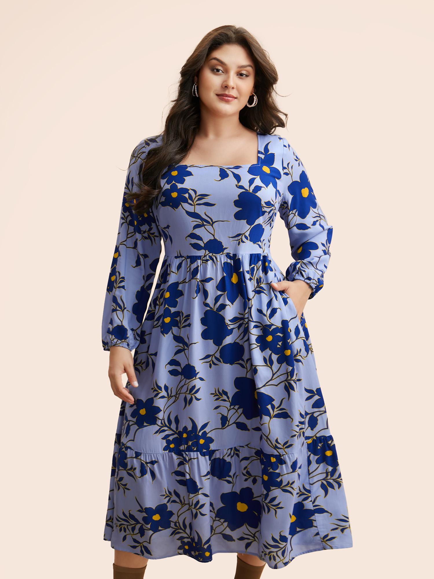 

Plus Size Square Neck Floral Patchwork Ruffle Hem Dress Skyblue Women Elegant Non Square Neck Long Sleeve Curvy BloomChic