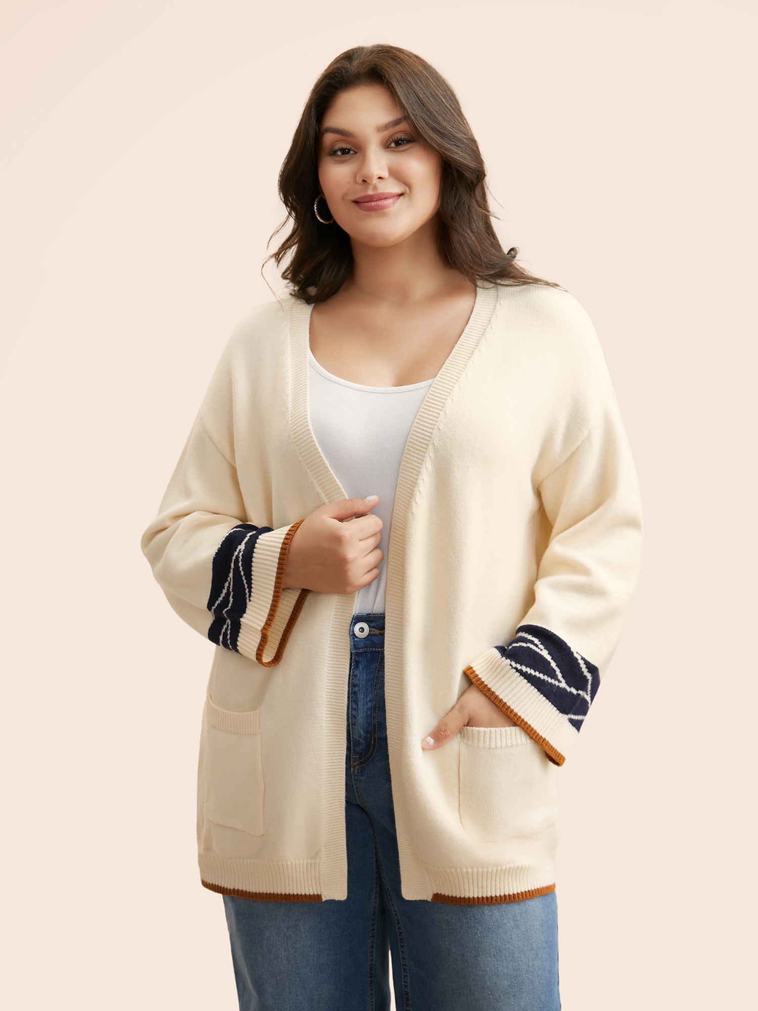 

Plus Size Supersoft Essentials Contrast Jacquard Cardigan Beige Women Casual Loose Long Sleeve Everyday Cardigans BloomChic