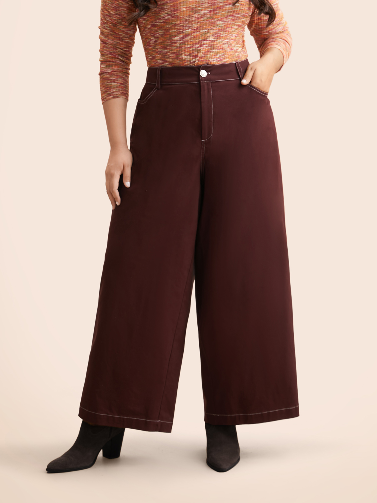 

Plus Size Mid Rise Contrast Trim Wide Leg Pants Women Browncoffeecolor Casual Wide Leg Mid Rise Everyday Pants BloomChic