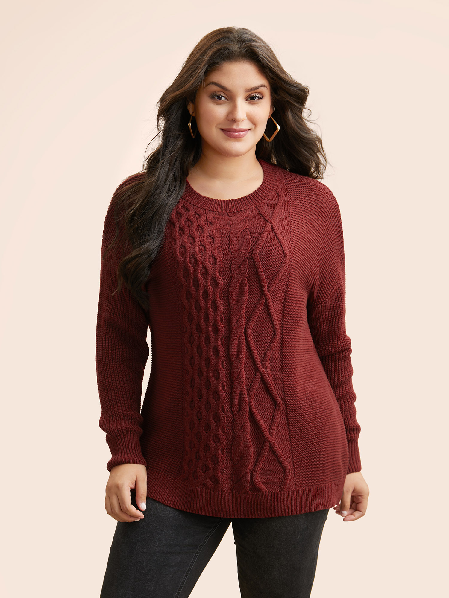 

Plus Size Texture Cable Knit Drop Shoulder Pullover Burgundy Women Casual Loose Long Sleeve Round Neck Everyday Pullovers BloomChic