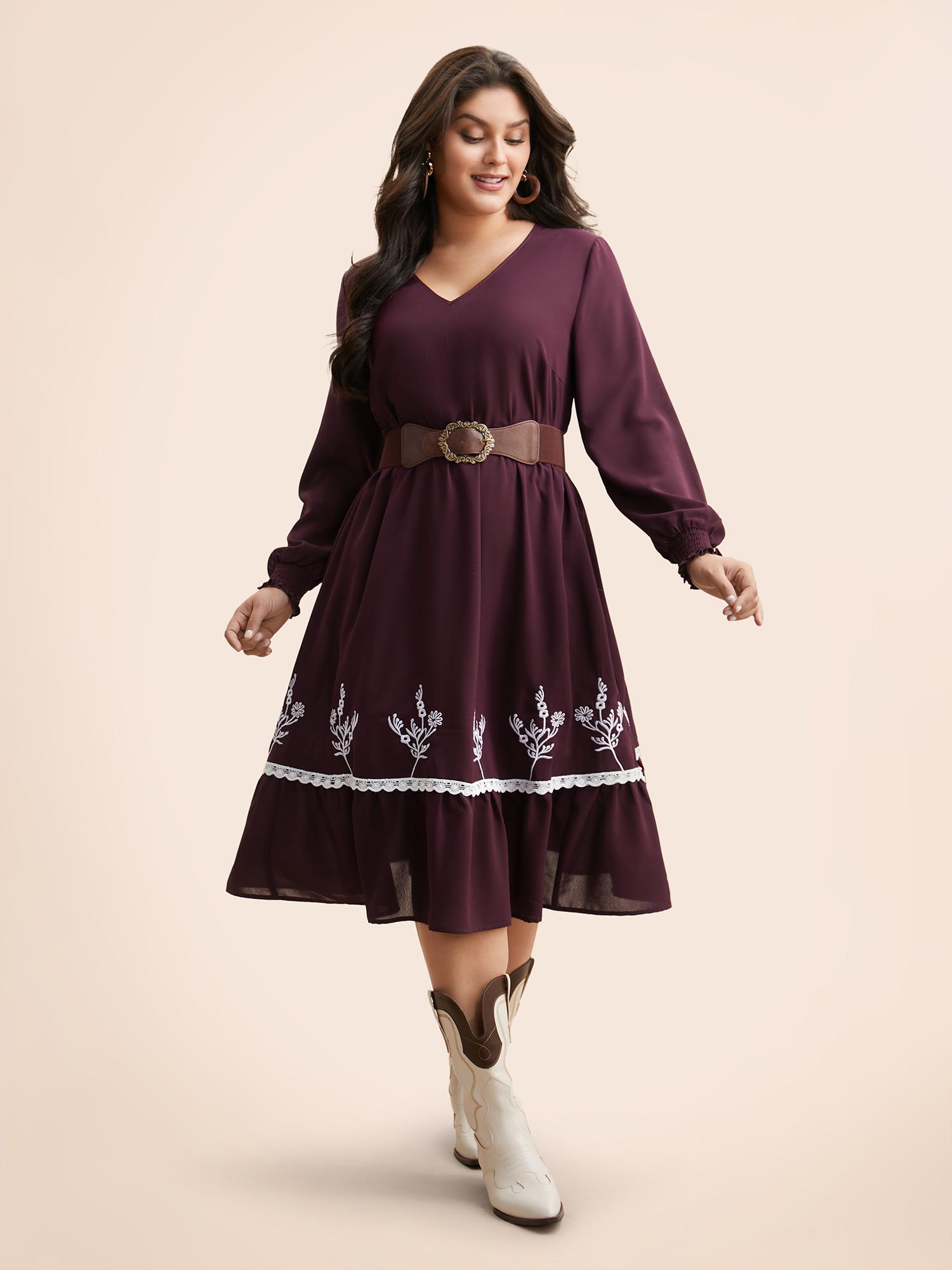 

Plus Size Floral Embroidered Crochet Lace Midi Dress Eggplant Women Resort Woven ribbon&lace trim V-neck Long Sleeve Curvy BloomChic