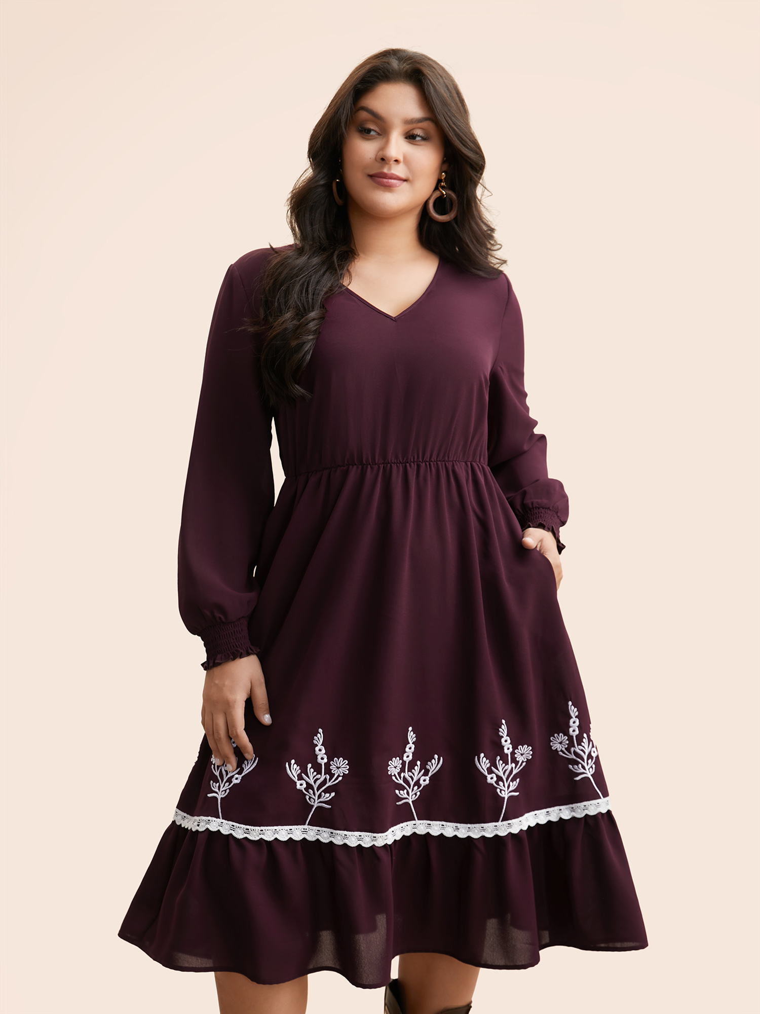 Plus Size Floral Embroidered Crochet Lace Midi Dress Eggplant Women Resort Woven ribbon&lace trim V-neck Long Sleeve Curvy BloomChic 12/L 