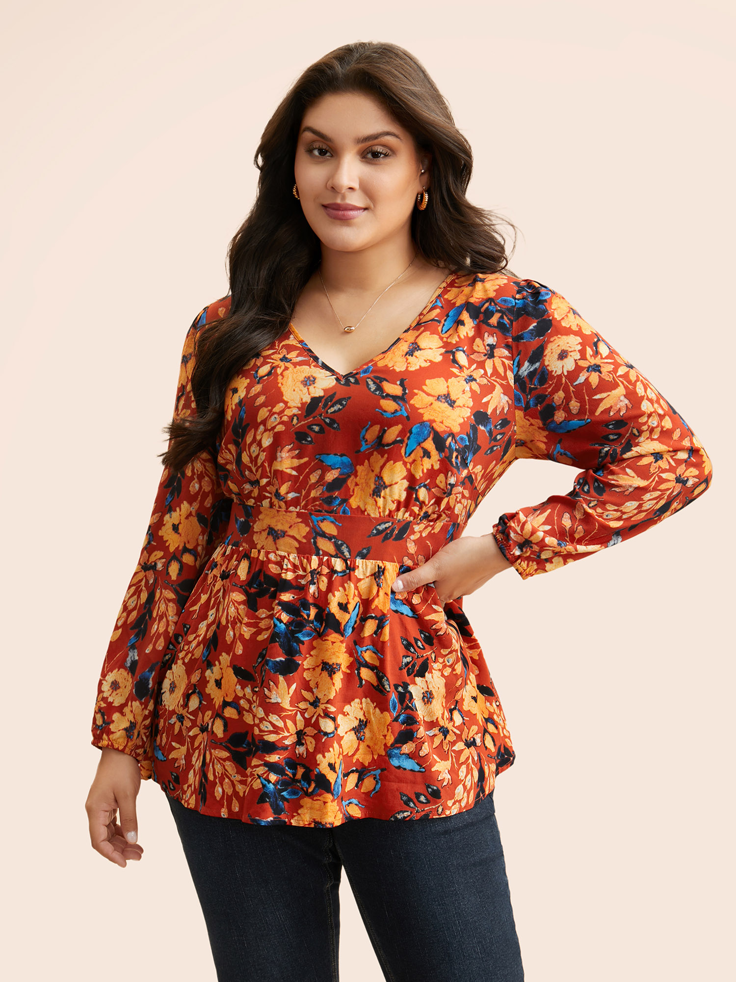 

Plus Size Multicolor Floral Shirred Gathered Lantern Sleeve Blouse Women Elegant Long Sleeve V-neck Everyday Blouses BloomChic