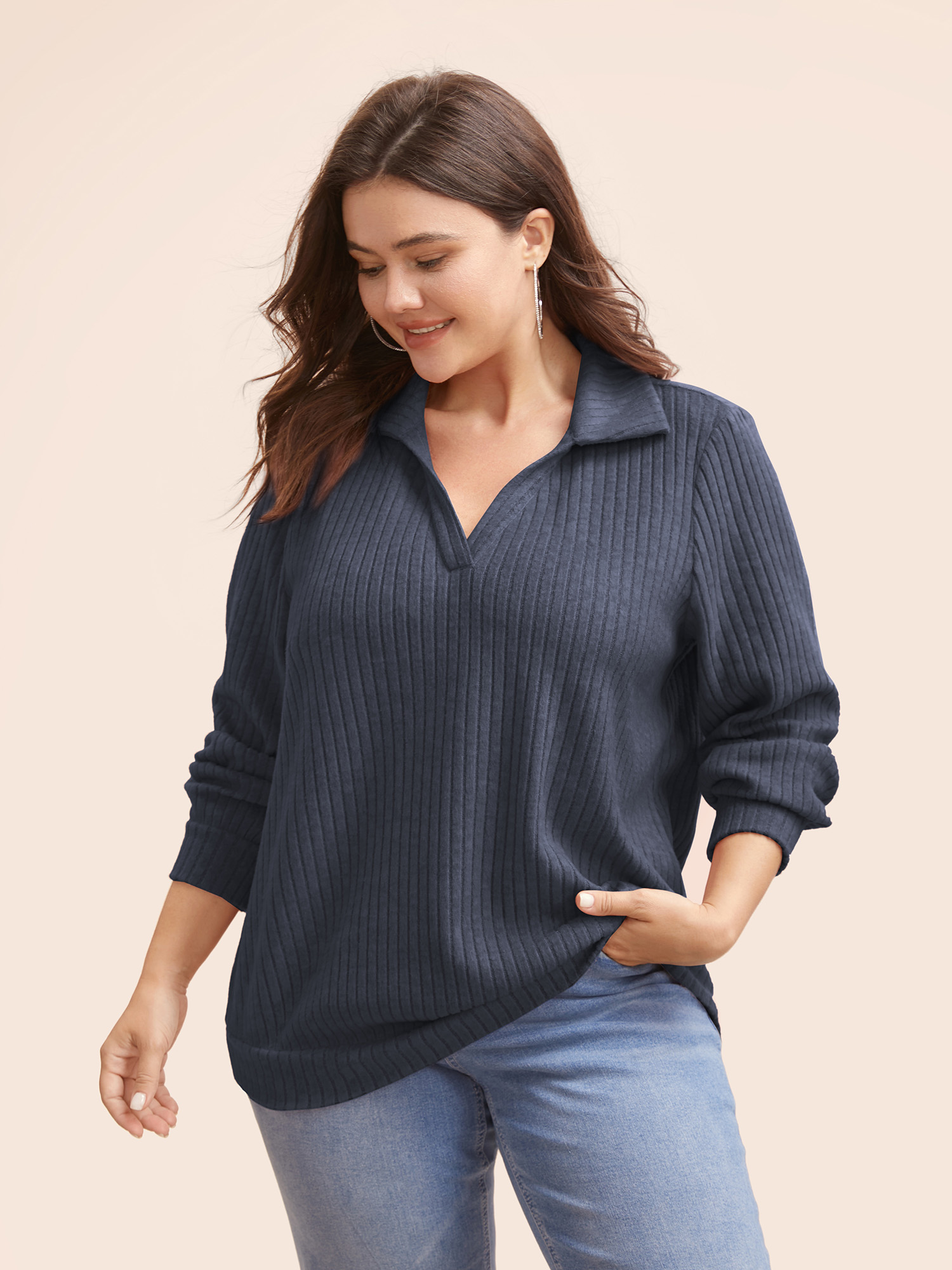 

Plus Size Solid Pit Strip Stretch Sweatshirt Women Indigo Casual Texture V-neck Everyday Sweatshirts BloomChic