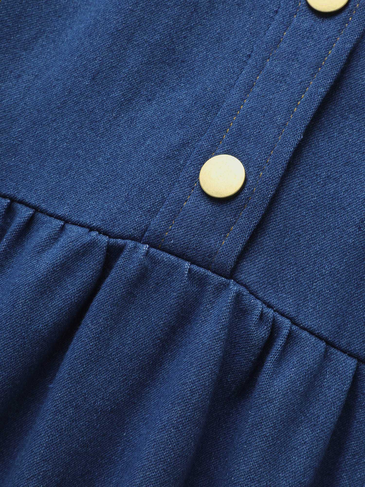 

Plus Size Stretch Denim Pleated Stand-up Collar Midi Dress LightBlue Women Resort Topstitching Shirt collar Sleeveless Curvy BloomChic