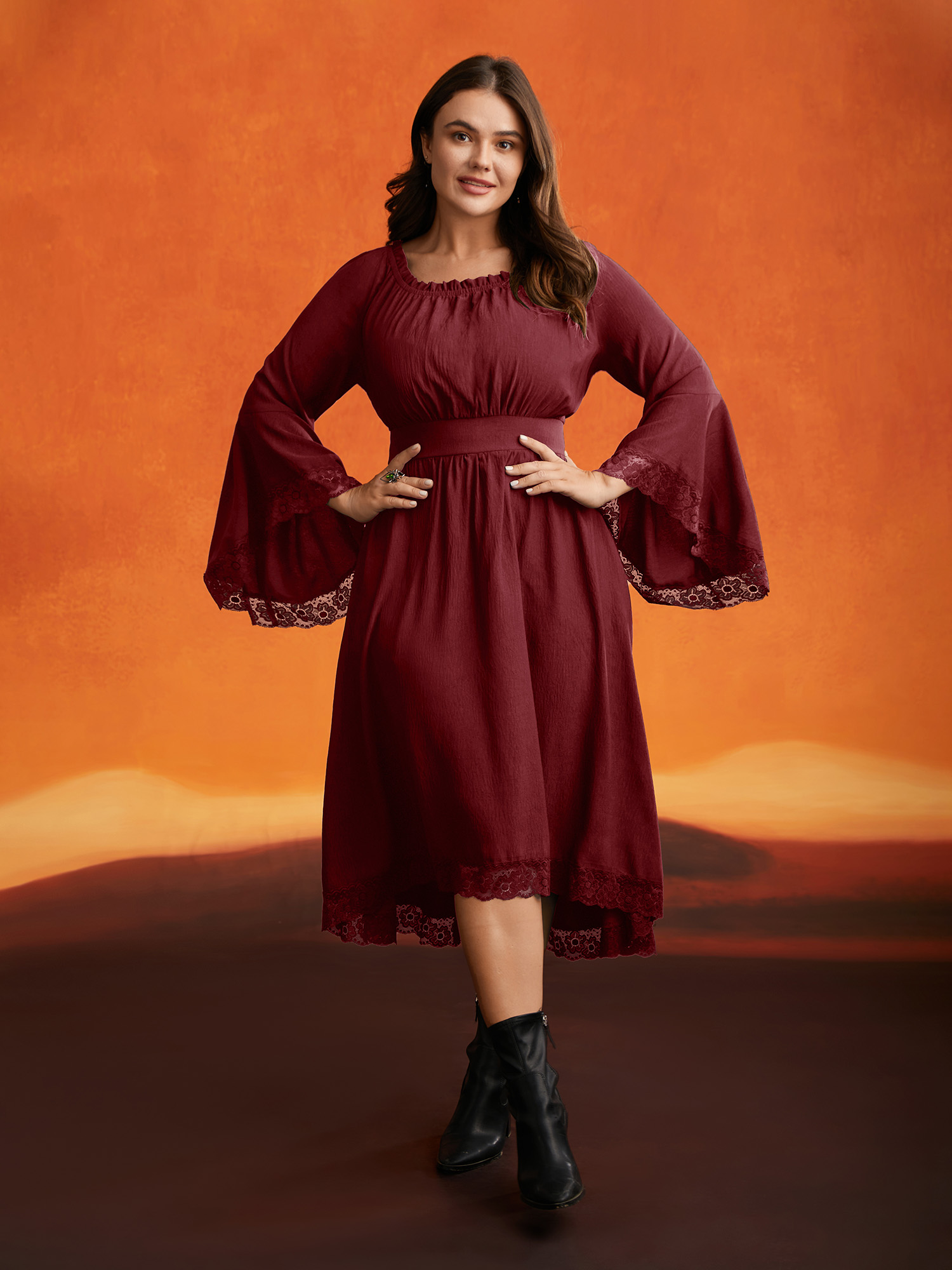 

Plus Size Gothic Inspired Lotus Sleeves Midi Dress Deepred Women Cocktail Woven ribbon&lace trim Party Curvy Bloomchic