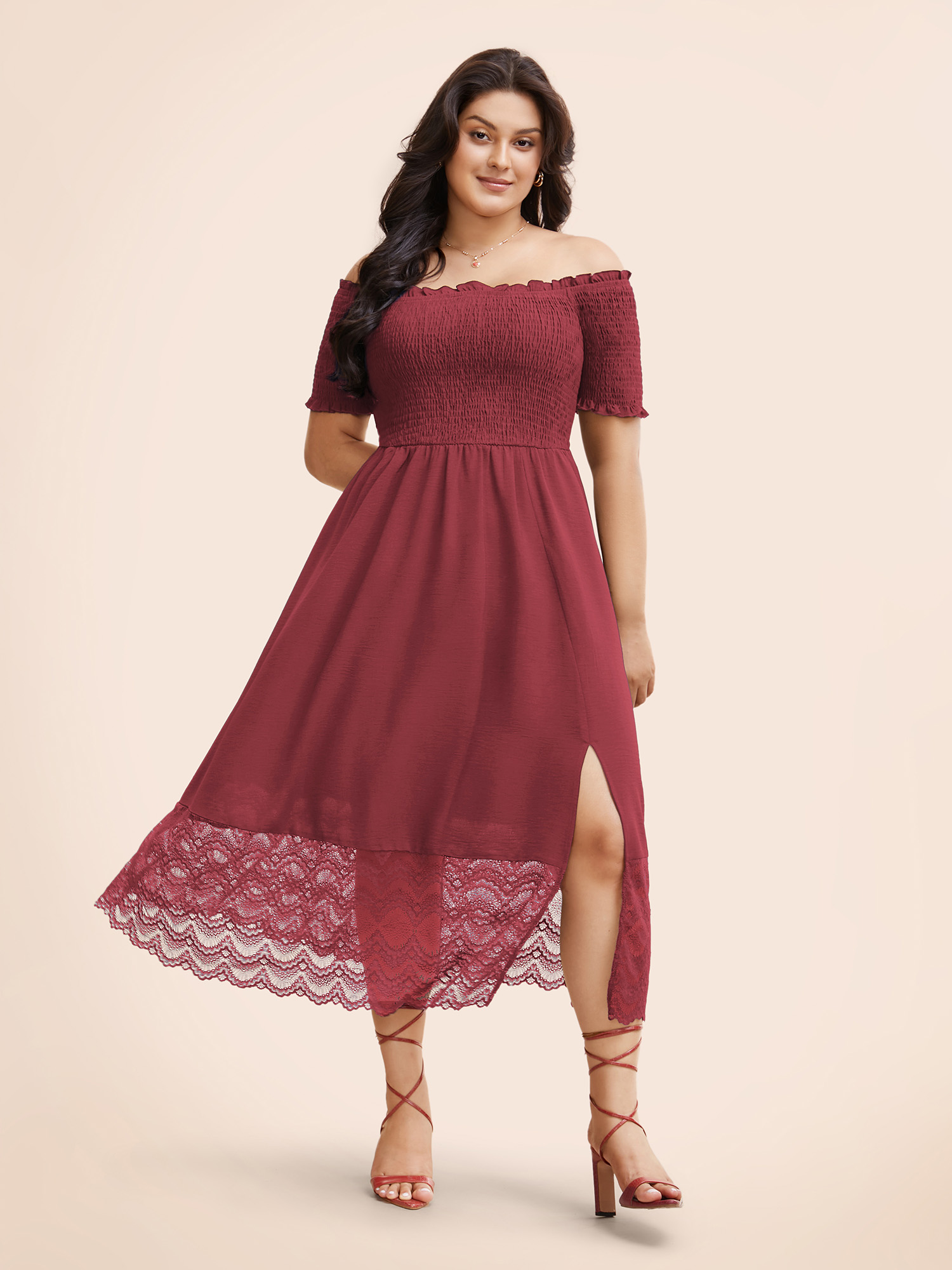 

Plus Size Off Shoulder Shirred Lace Patchwork Dress Burgundy Women Elegant Woven ribbon&lace trim One-shoulder neck Short sleeve Curvy BloomChic