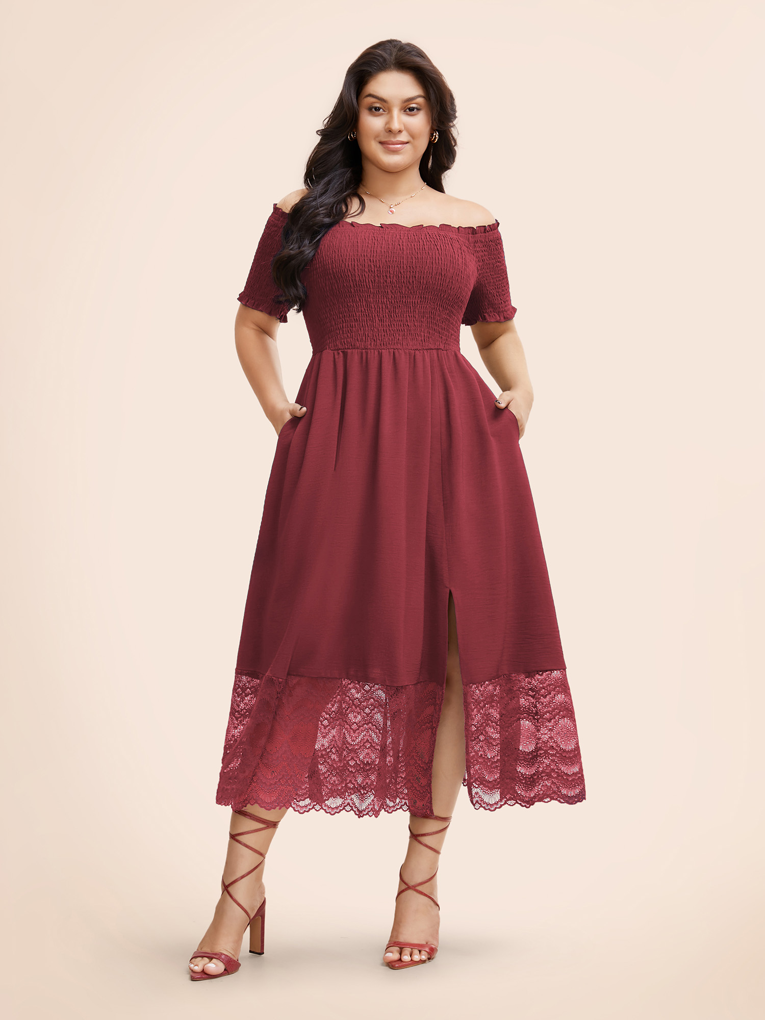 

Plus Size Off Shoulder Shirred Lace Patchwork Dress Burgundy Women Elegant Woven ribbon&lace trim One-shoulder neck Short sleeve Curvy BloomChic