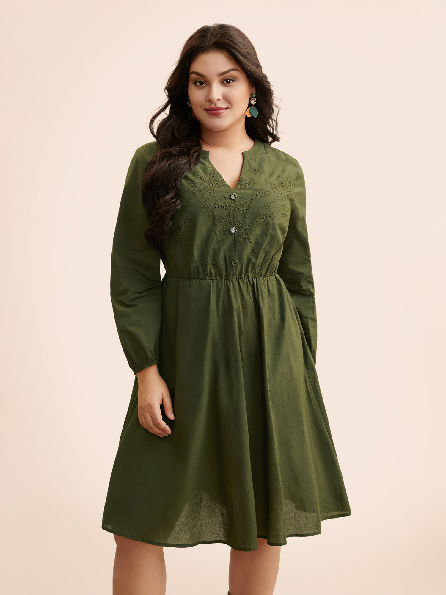 

Plus Size Notched Broderie Anglaise Button Detail Dress ArmyGreen Women Elegant Button Notched collar Long Sleeve Curvy BloomChic