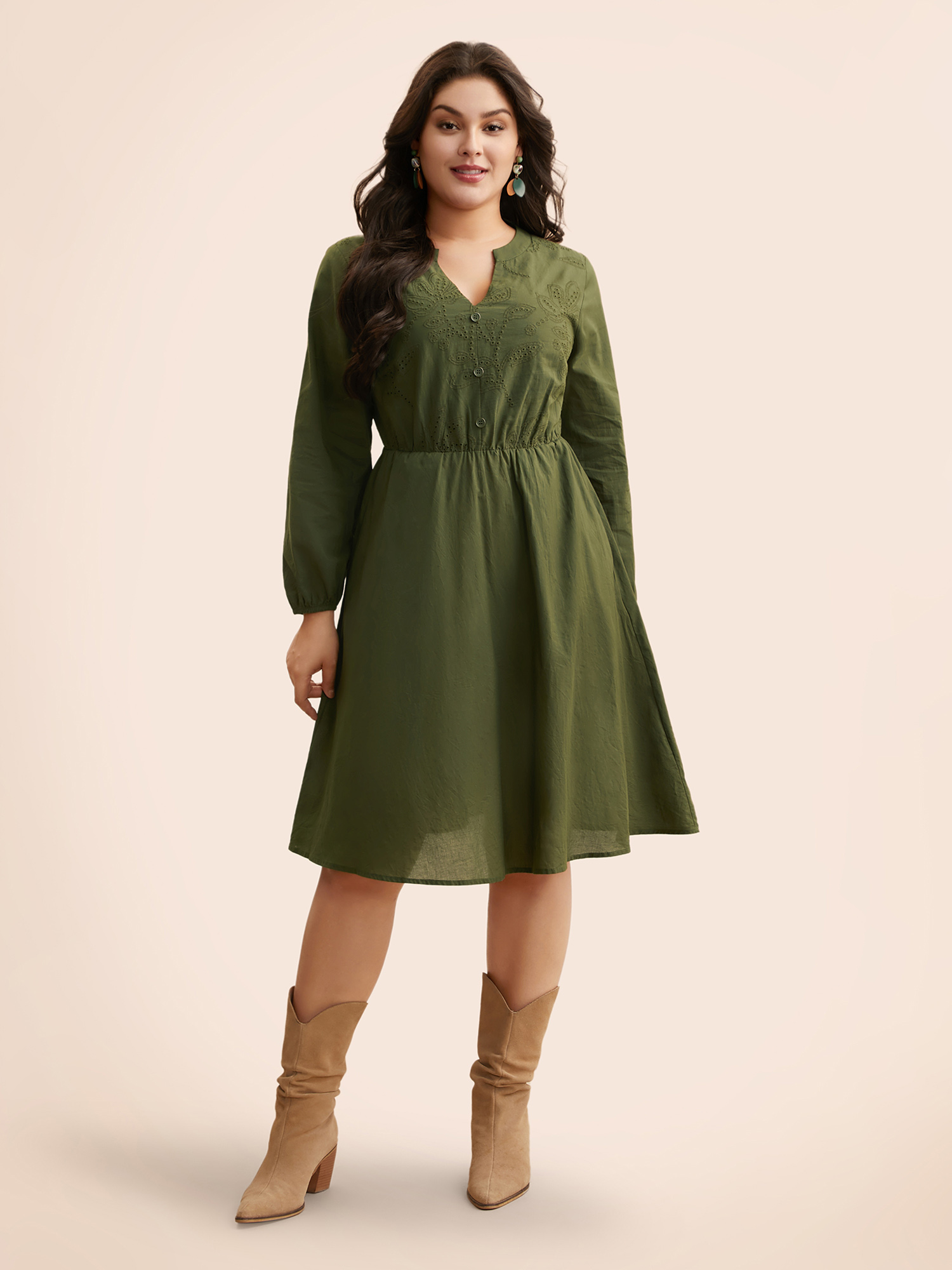 

Plus Size Notched Broderie Anglaise Button Detail Dress ArmyGreen Women Elegant Button Notched collar Long Sleeve Curvy BloomChic