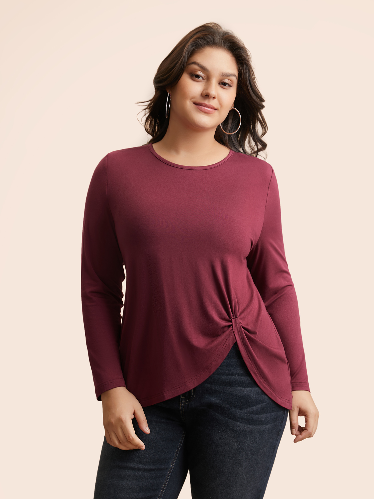 

Plus Size Supersoft Essentials Solid Twist Front T-shirt Plum Women Casual Twist Round Neck Bodycon Everyday T-shirts BloomChic