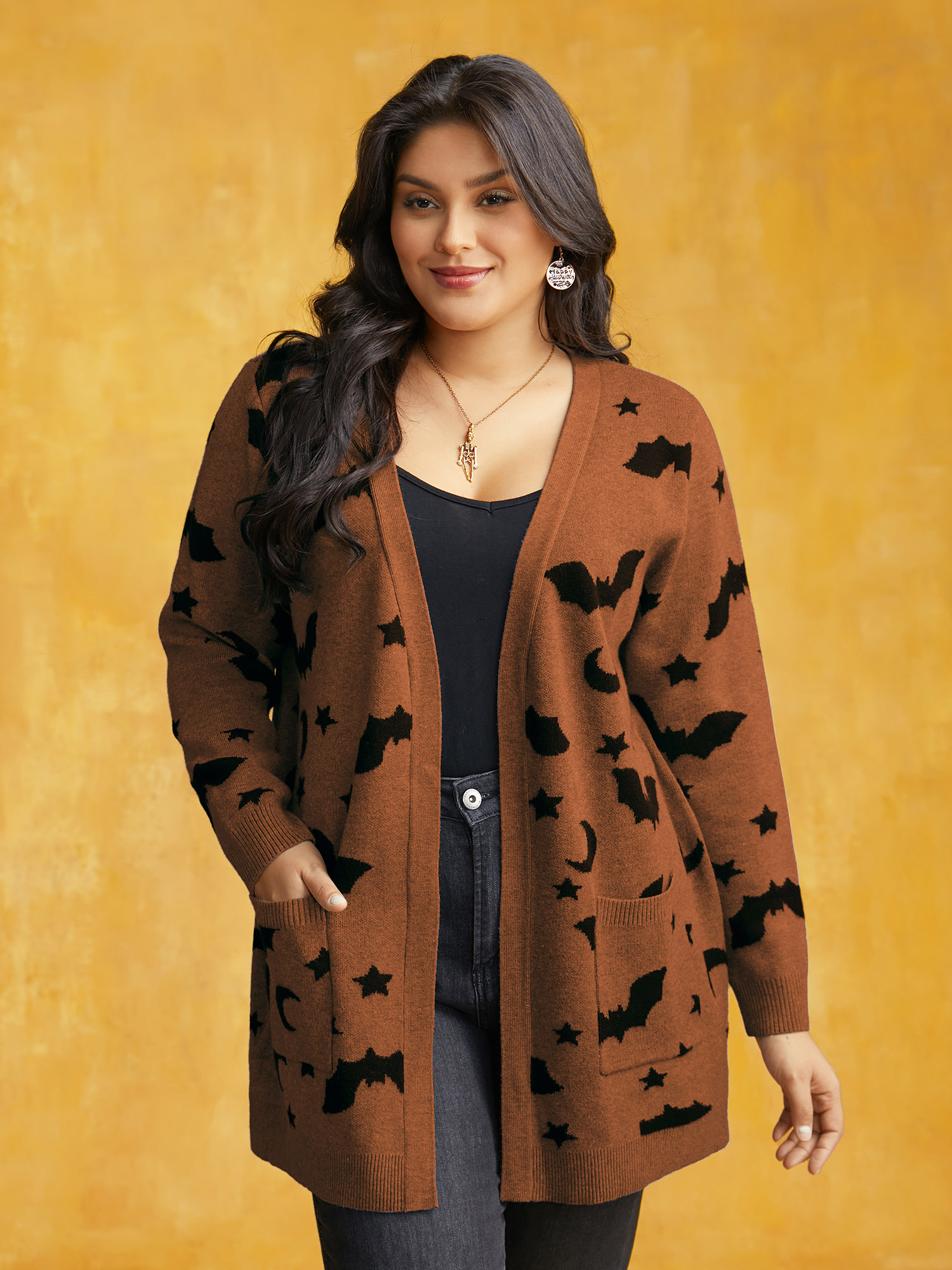 

Plus Size Bat Printed Jacquard Cardigan Yellowishbrown Women Casual Loose Long Sleeve Everyday Cardigans BloomChic