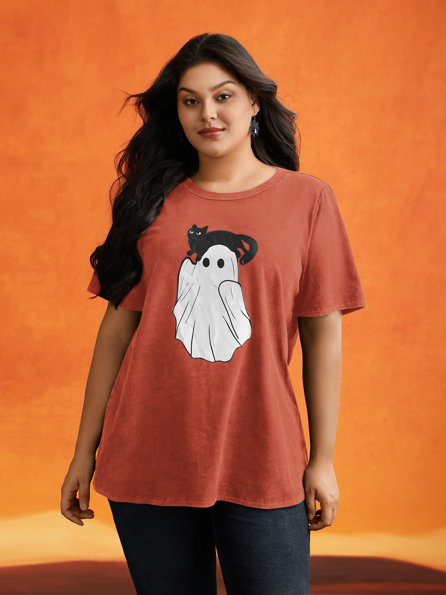 

Plus Size Cotton Hide And Seek Washed Effect T-shirt Brightorange Women Casual Non Halloween Round Neck Everyday T-shirts BloomChic