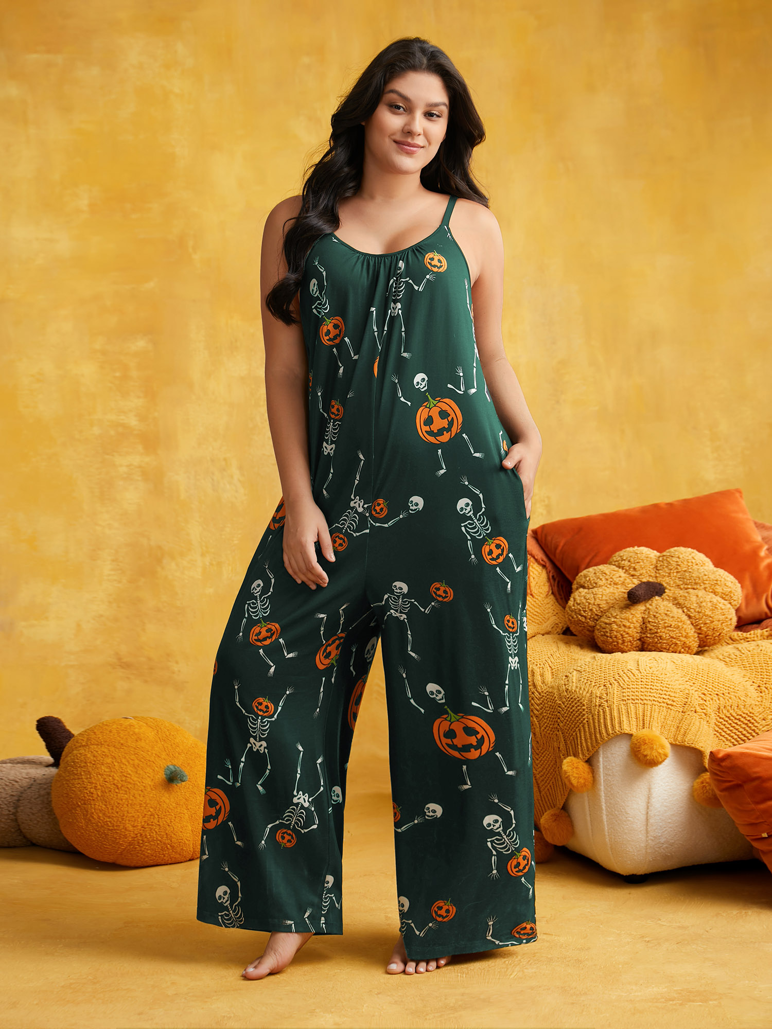 

Plus Size Pumpkin Printed Slim-Fit Lounge Jumpsuit DarkGreen  Bloomchic