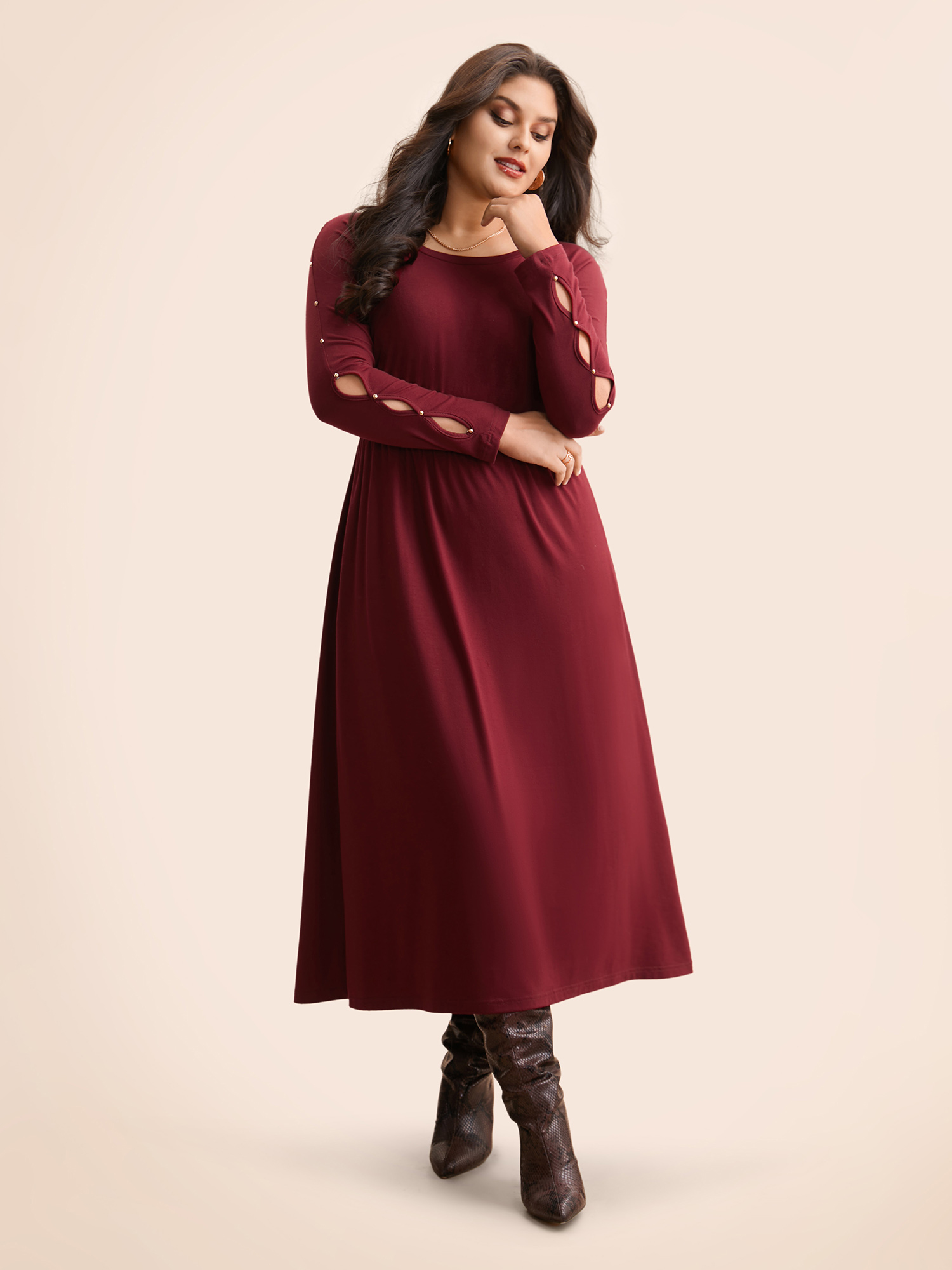 

Plus Size Pearl Beaded Cut Out Midi Dress Burgundy Women Elegant Beaded Round Neck Long Sleeve Curvy BloomChic